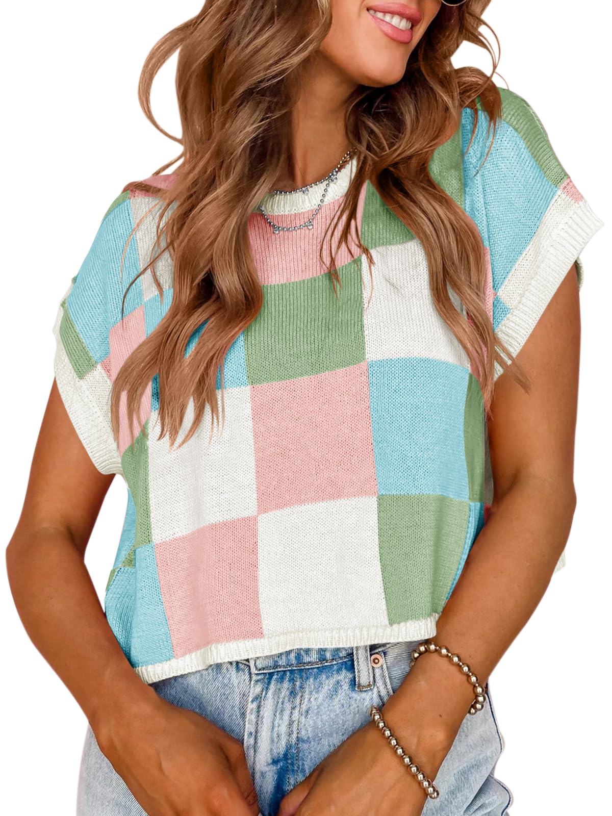 Saodimallsu Womens Cap Sleeve Crop Tops Summer Color Block Going Out Crew Neck Knit Trendy Casual Sweater