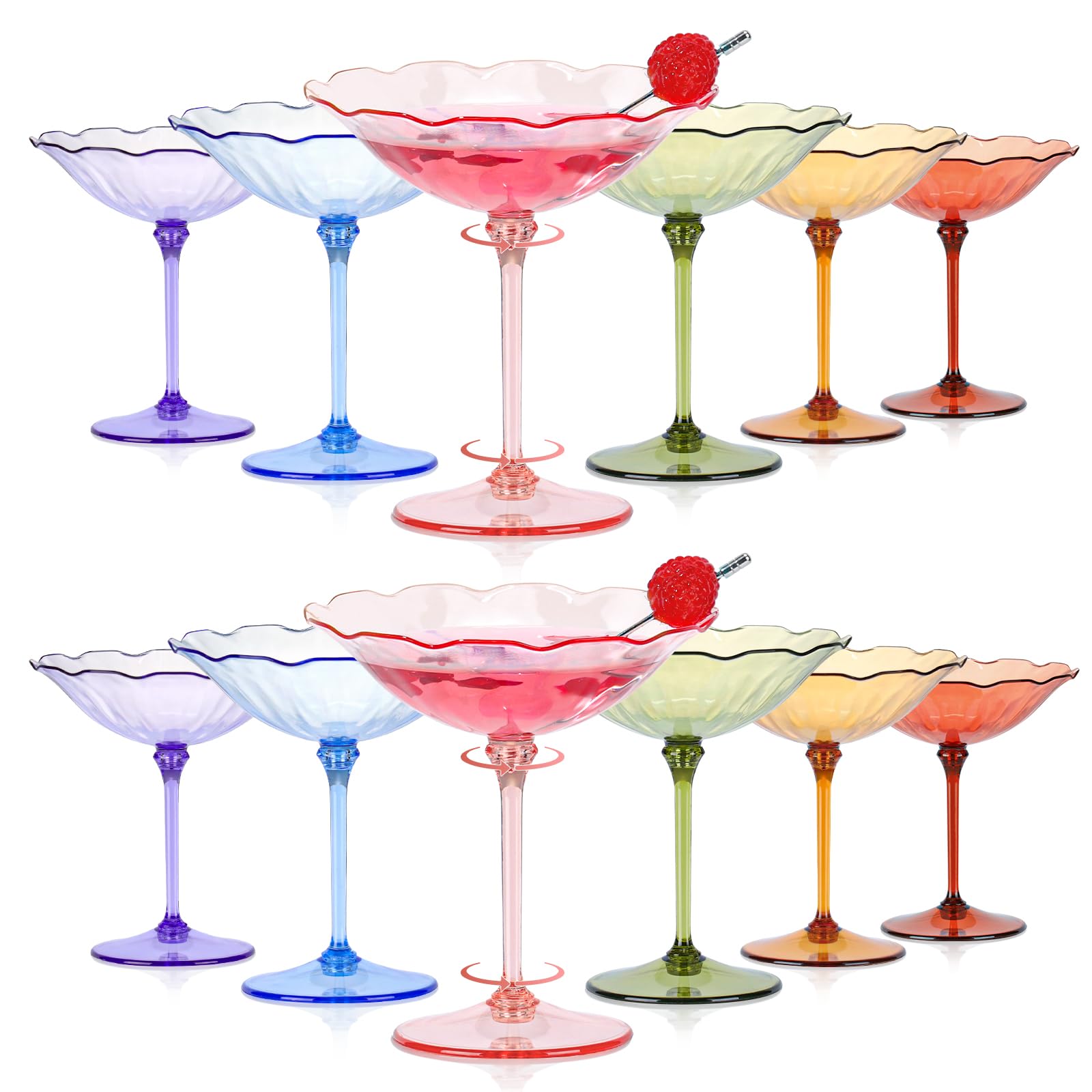 12 Pcs Colorful Plastic Martini Glasses 7oz Flower Cocktail Coupe Glasses 6 Color Disposable Martini Cup Vintage Detachable Dessert Parfait Glassware for Wedding Birthday Bachelorette Party