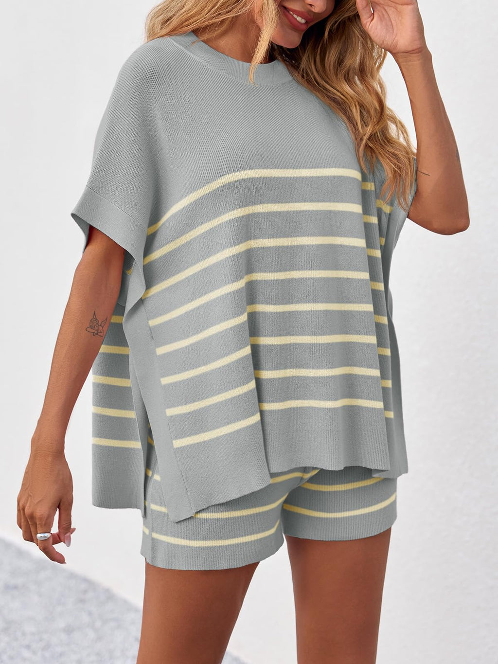 Fisoew Women's Striped 2 Piece Outfits Oversized Batwing Short Sleeve Tops High Waisted Shorts Summer Knit Lounge Short Sets