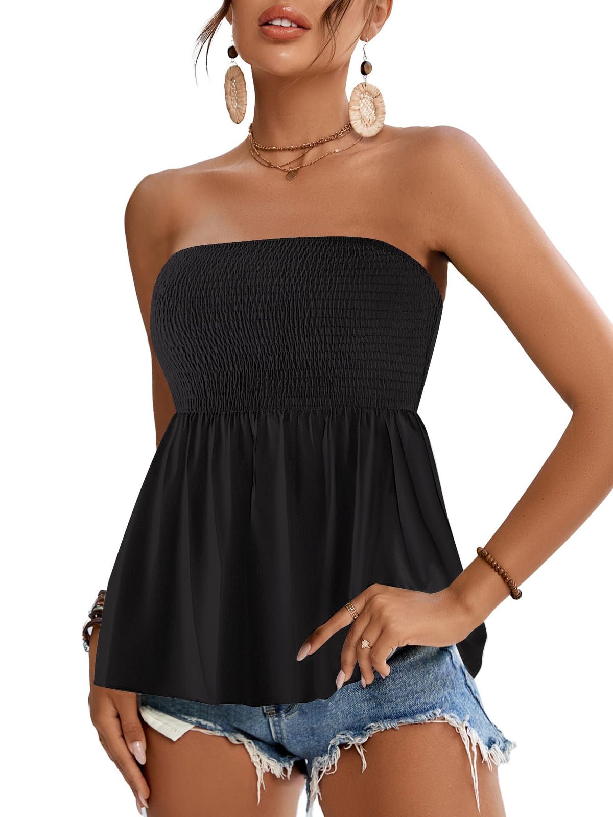 Rooscier Women's Smocked Tube Tops Flowy Ruffle Sleeveless Peplum Bandeau Babydoll Cami Tank