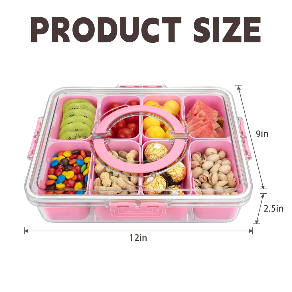 HRXFOZ Divided Serving Tray with Lid and Handle,8 Compartments Snacks Box,Snack Fruit and Veggie Tray,Portable Platter for Candy Fruits Nuts Snack Party Entertaining Picnic (1 PCS)