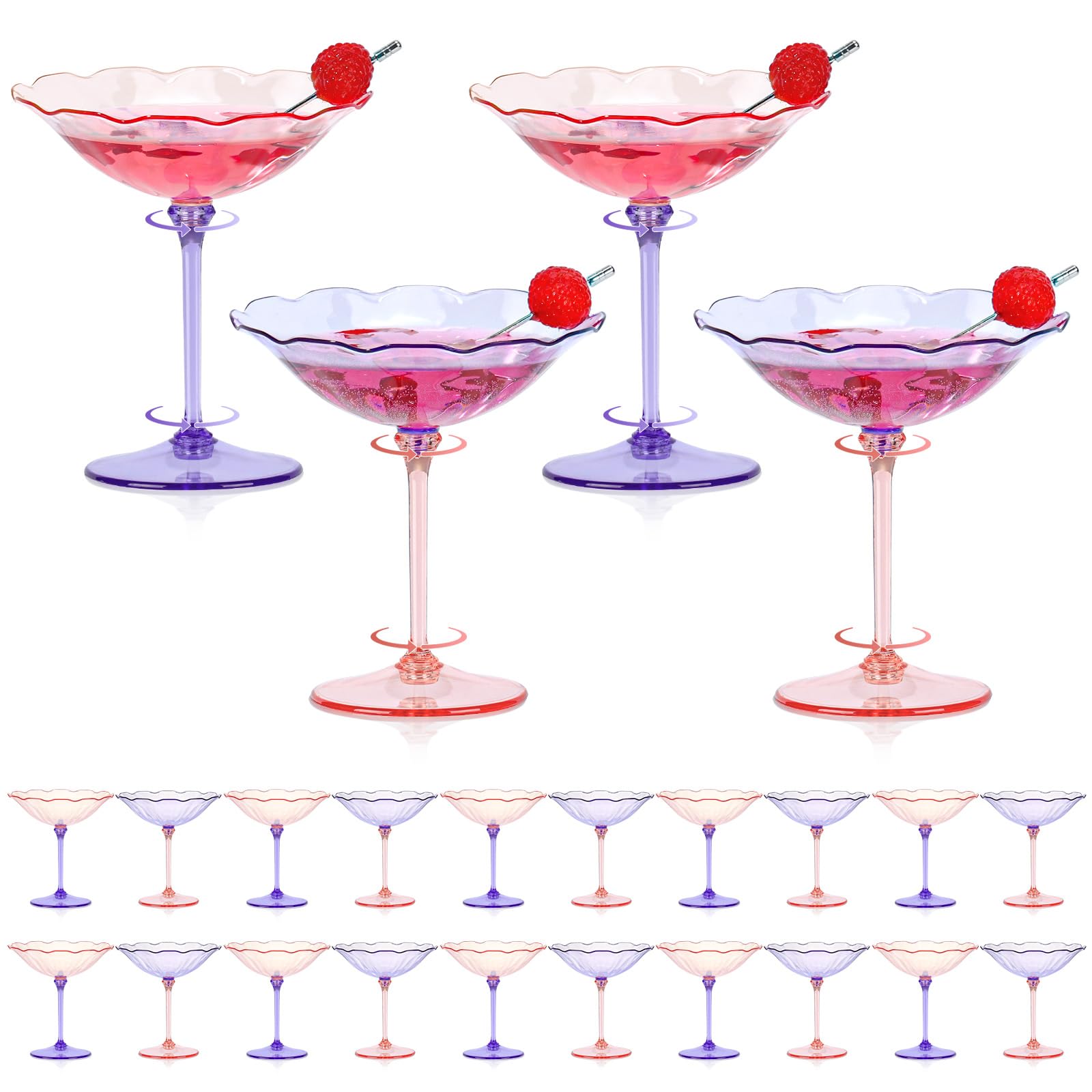 12 Pcs Colorful Plastic Martini Glasses 7oz Flower Cocktail Coupe Glasses 6 Color Disposable Martini Cup Vintage Detachable Dessert Parfait Glassware for Wedding Birthday Bachelorette Party