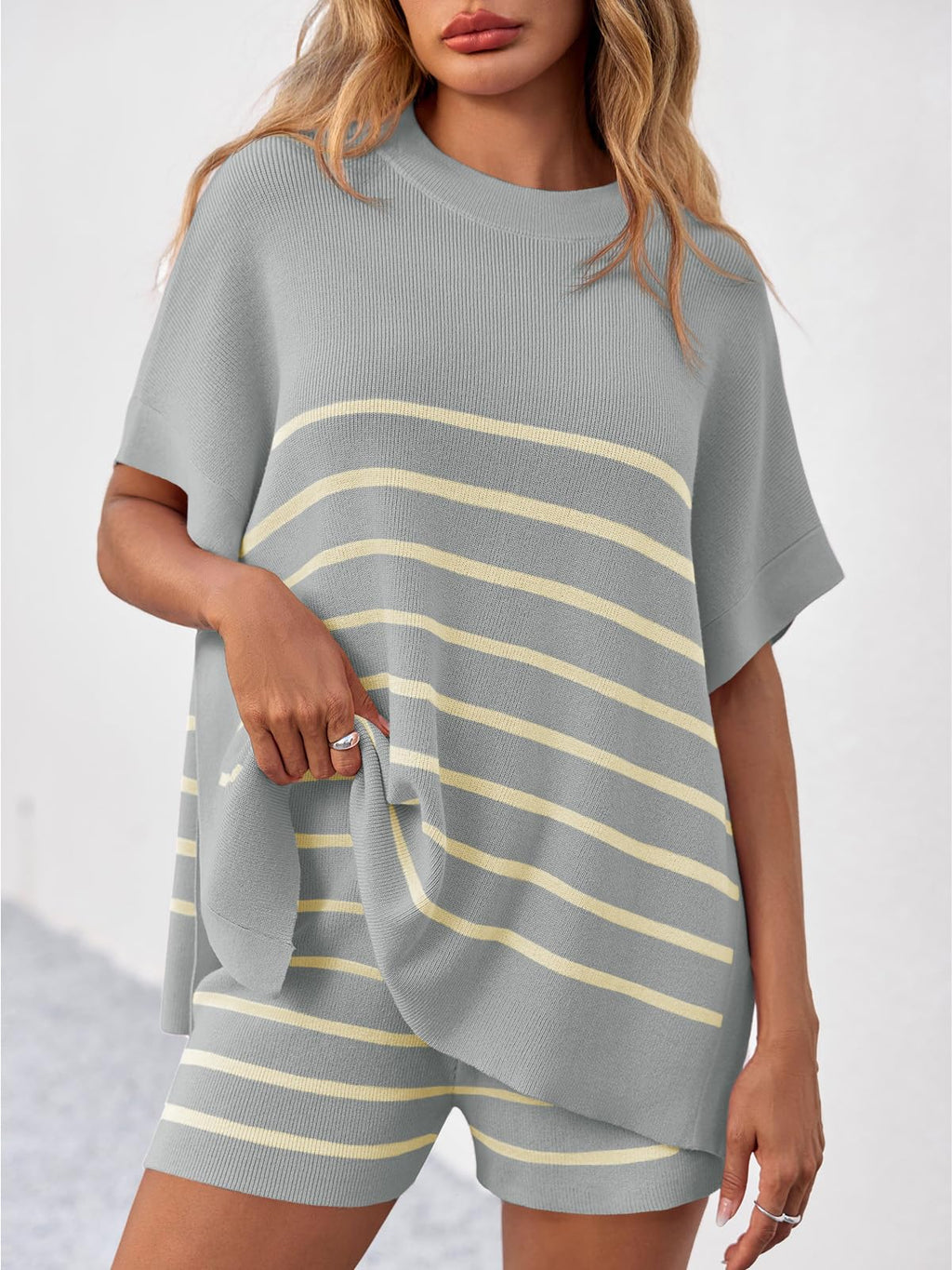 Fisoew Women's Striped 2 Piece Outfits Oversized Batwing Short Sleeve Tops High Waisted Shorts Summer Knit Lounge Short Sets
