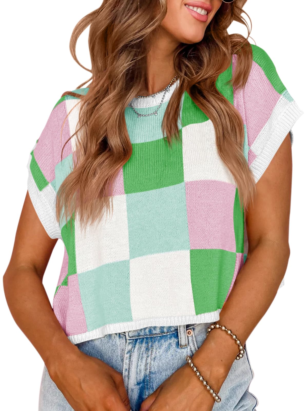 Saodimallsu Womens Cap Sleeve Crop Tops Summer Color Block Going Out Crew Neck Knit Trendy Casual Sweater