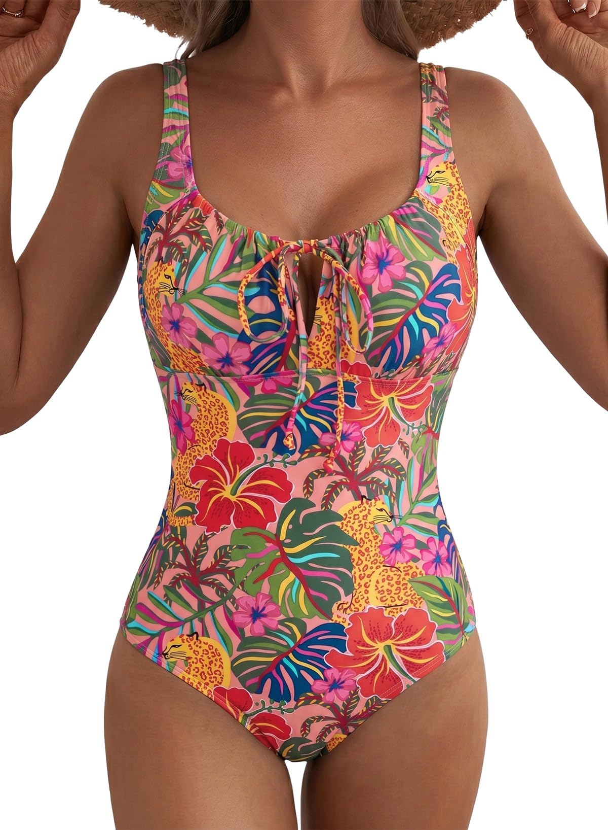 Aleumdr Womens Textured One Piece Swimsuit Tummy Control Bathing Suit Tie Knot Cutout Swimwear