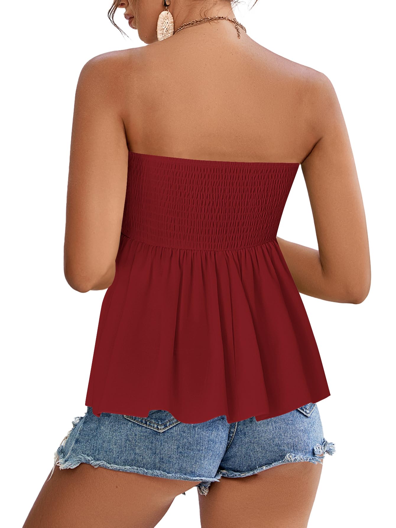 Rooscier Women's Smocked Tube Tops Flowy Ruffle Sleeveless Peplum Bandeau Babydoll Cami Tank