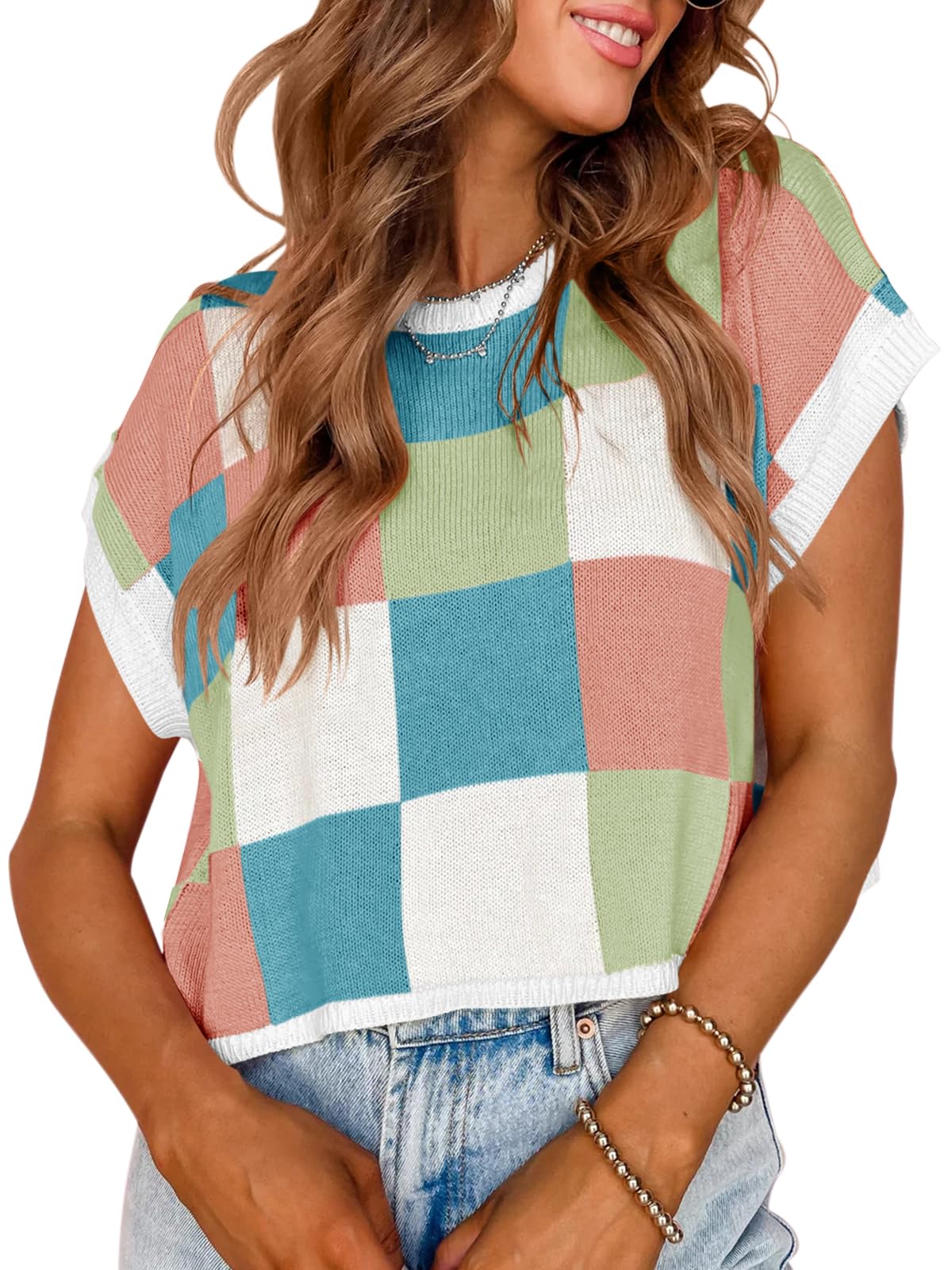 Saodimallsu Womens Cap Sleeve Crop Tops Summer Color Block Going Out Crew Neck Knit Trendy Casual Sweater