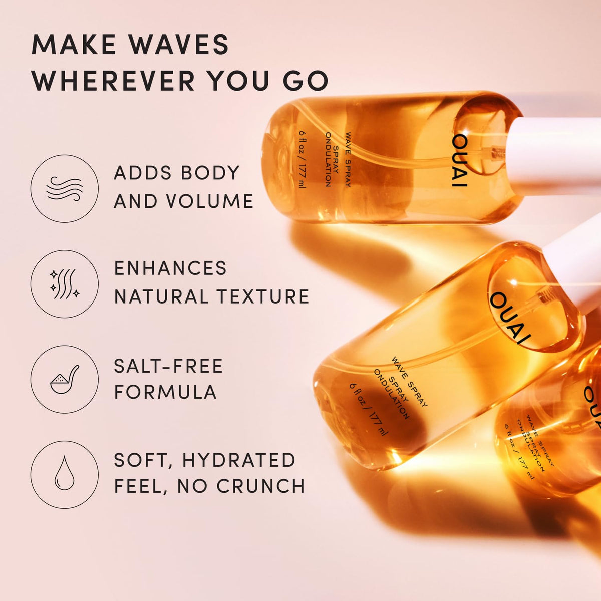 OUAI Travel Size Wave Spray - Texture Spray for Hair with Coconut Oil and Rice Protein - Adds Texture, Volume & Shine for Beach Waves - Paraben Free, Safe for Color & Keratin-Treated Hair (3 fl oz)
