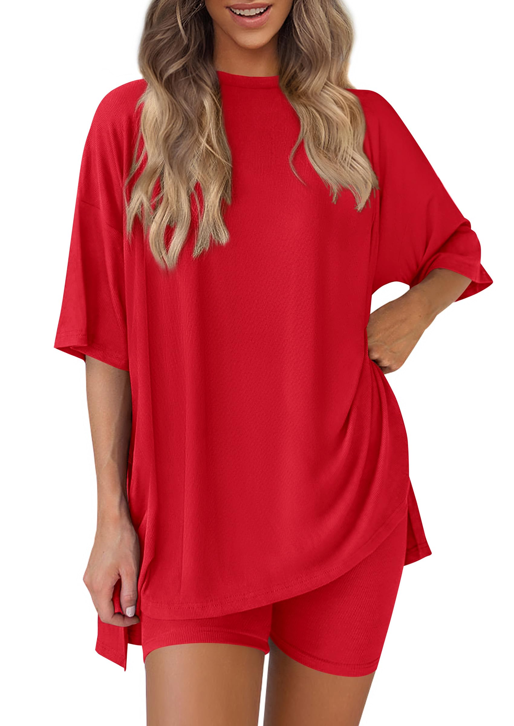 PRETTYGARDEN Women 2 Piece Lounge Set 2026 Summer Casual Oversized Shirts Biker Shorts Matching Airport Travel Outfit Clothes