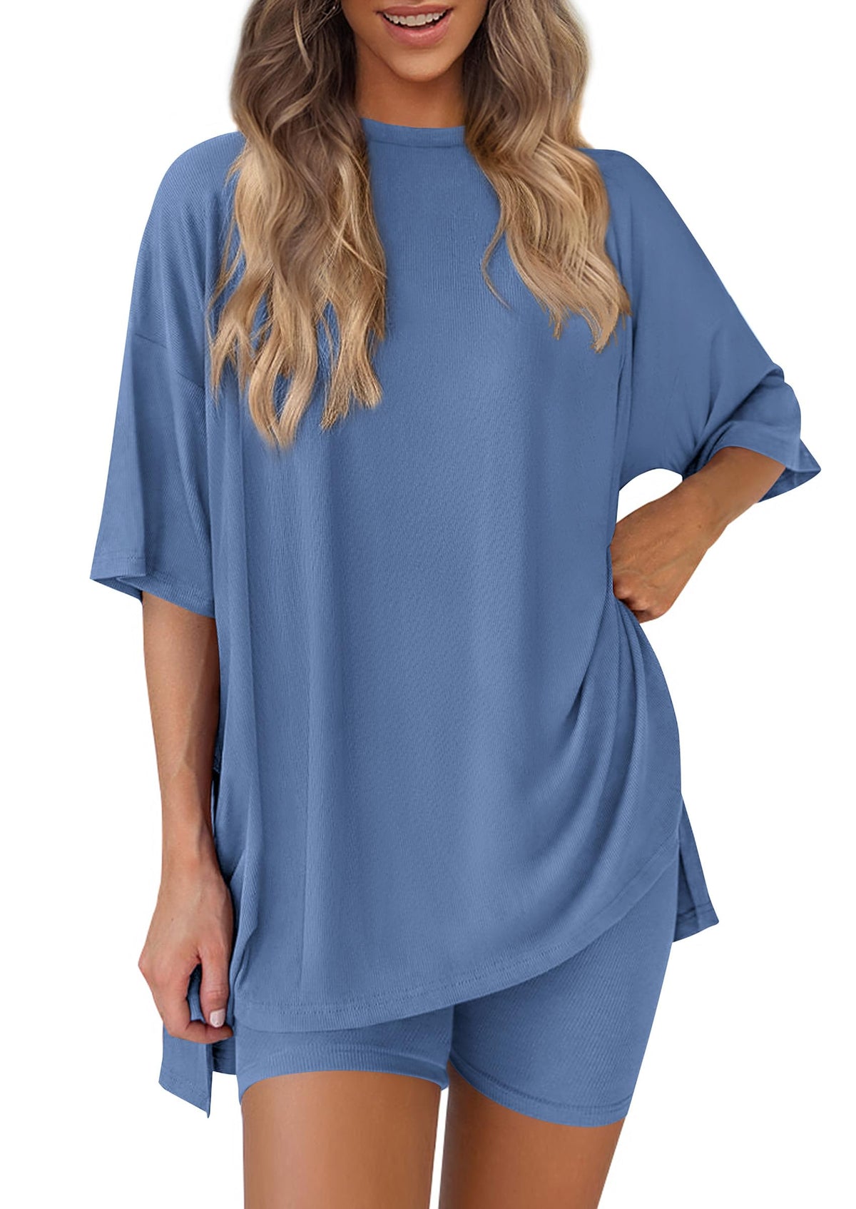 PRETTYGARDEN Women 2 Piece Lounge Set 2026 Summer Casual Oversized Shirts Biker Shorts Matching Airport Travel Outfit Clothes