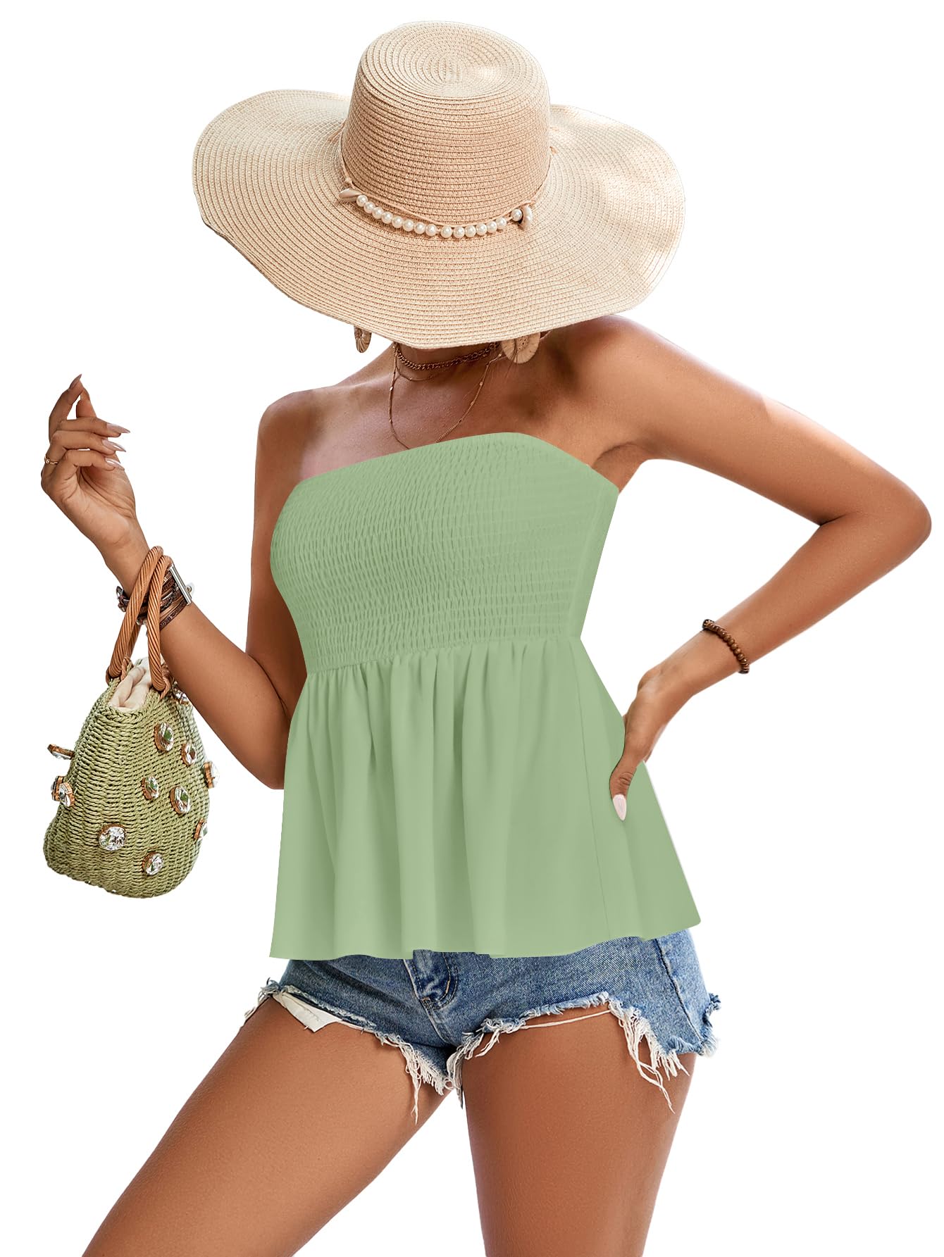 Rooscier Women's Smocked Tube Tops Flowy Ruffle Sleeveless Peplum Bandeau Babydoll Cami Tank