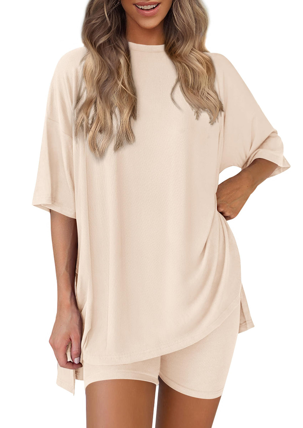 PRETTYGARDEN Women 2 Piece Lounge Set 2026 Summer Casual Oversized Shirts Biker Shorts Matching Airport Travel Outfit Clothes