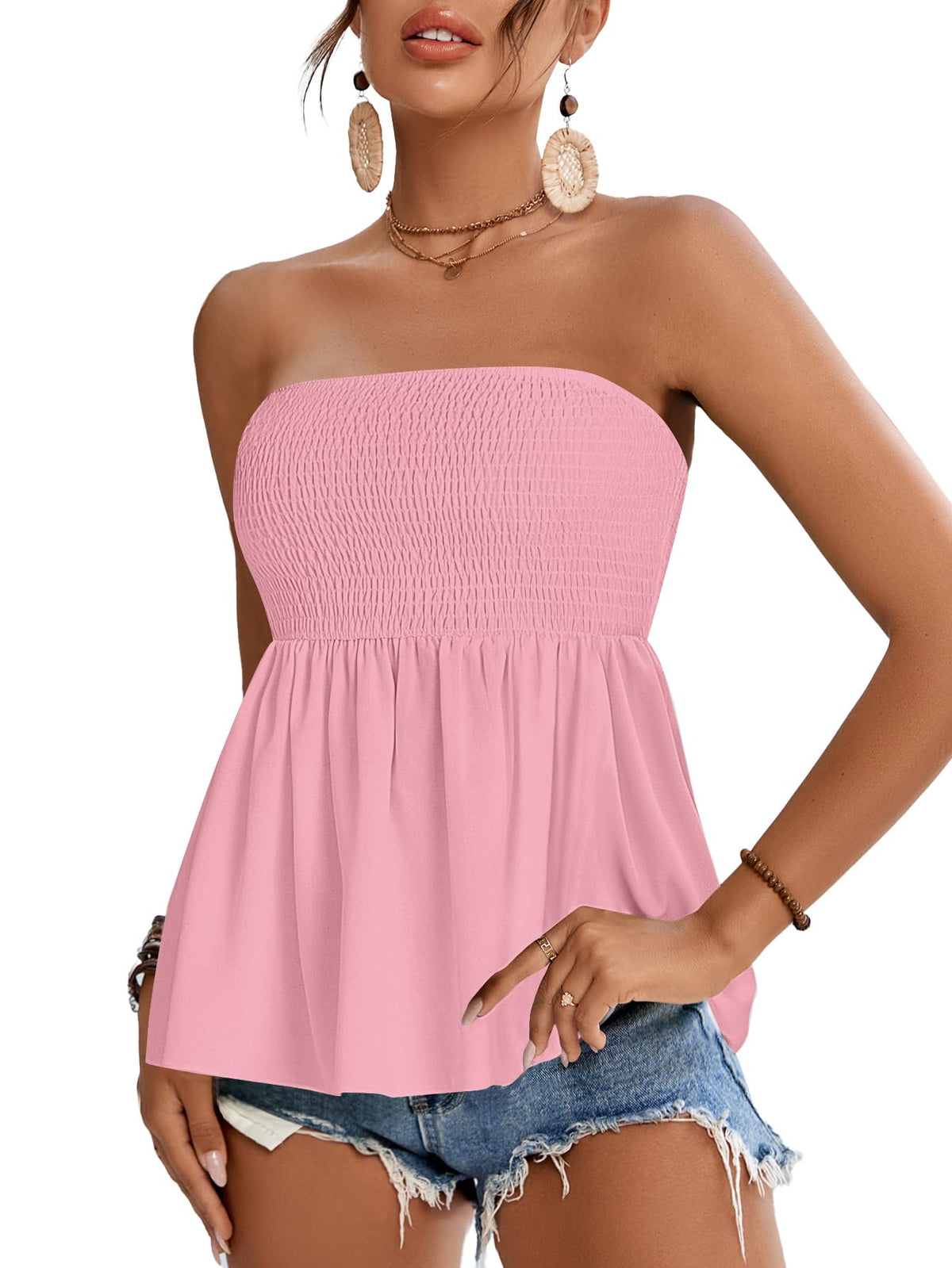 Rooscier Women's Smocked Tube Tops Flowy Ruffle Sleeveless Peplum Bandeau Babydoll Cami Tank
