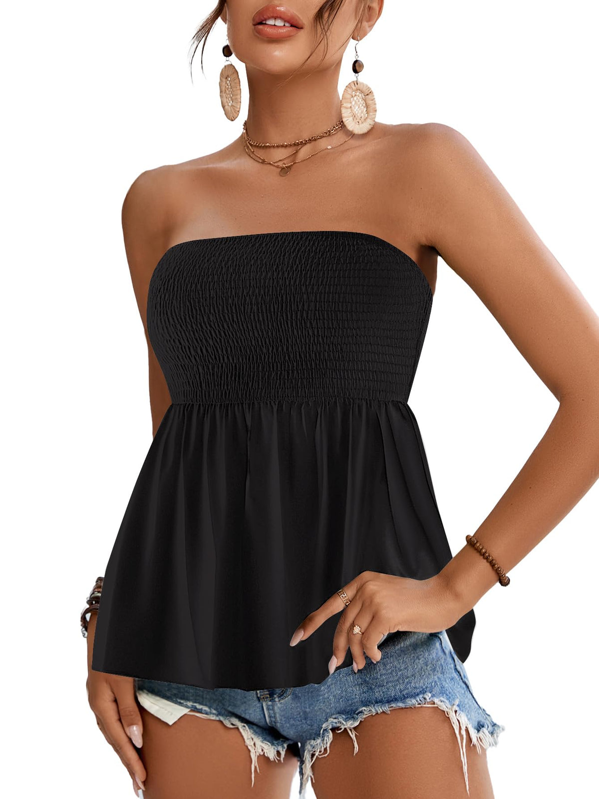 Rooscier Women's Smocked Tube Tops Flowy Ruffle Sleeveless Peplum Bandeau Babydoll Cami Tank