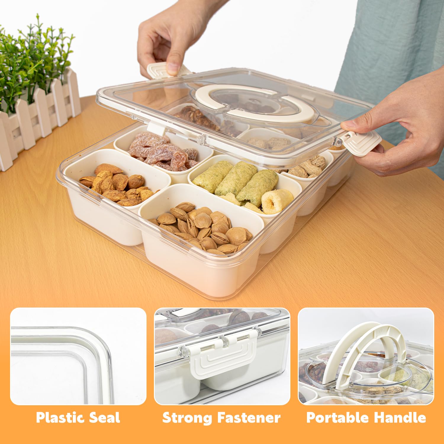 HRXFOZ Divided Serving Tray with Lid and Handle,8 Compartments Snacks Box,Snack Fruit and Veggie Tray,Portable Platter for Candy Fruits Nuts Snack Party Entertaining Picnic (1 PCS)