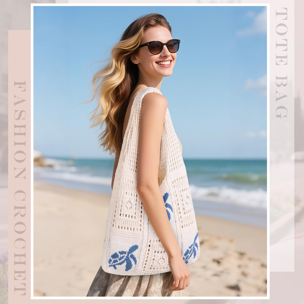 Sightor Crochet Tote Bag, Mesh Beach Bag Knit Summer Hobo Bag Vacation Boho Tote Bag for Women