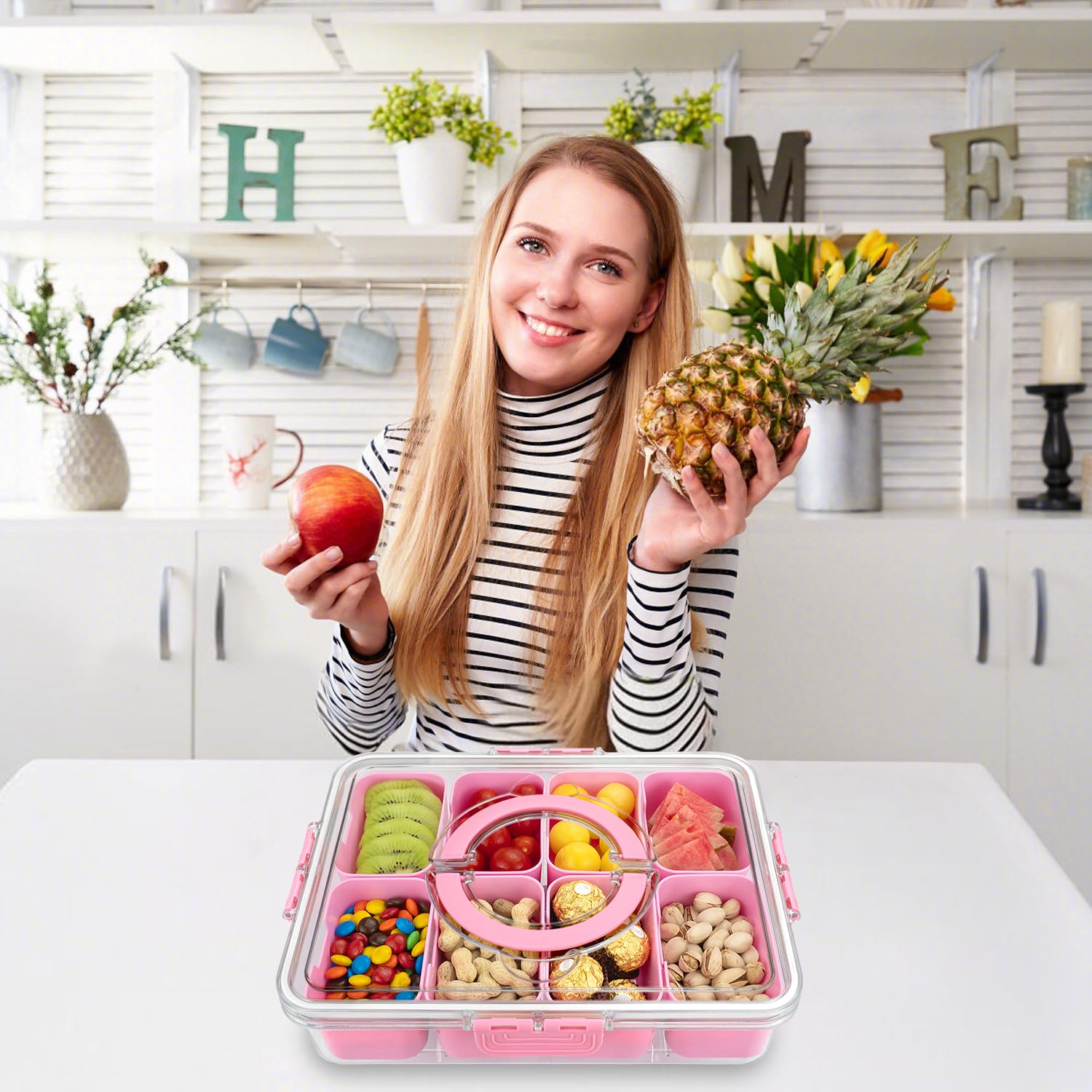 HRXFOZ Divided Serving Tray with Lid and Handle,8 Compartments Snacks Box,Snack Fruit and Veggie Tray,Portable Platter for Candy Fruits Nuts Snack Party Entertaining Picnic (1 PCS)