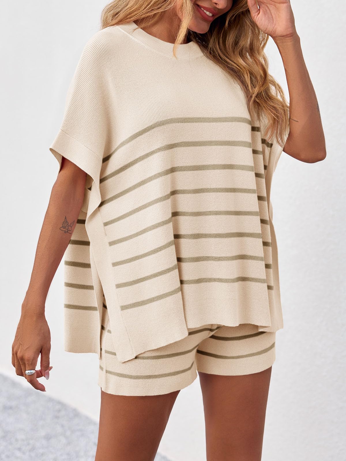 Fisoew Women's Striped 2 Piece Outfits Oversized Batwing Short Sleeve Tops High Waisted Shorts Summer Knit Lounge Short Sets
