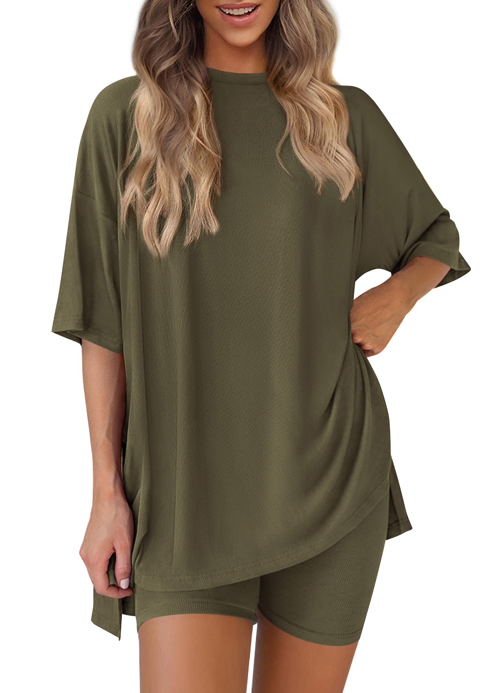 PRETTYGARDEN Women 2 Piece Lounge Set 2026 Summer Casual Oversized Shirts Biker Shorts Matching Airport Travel Outfit Clothes