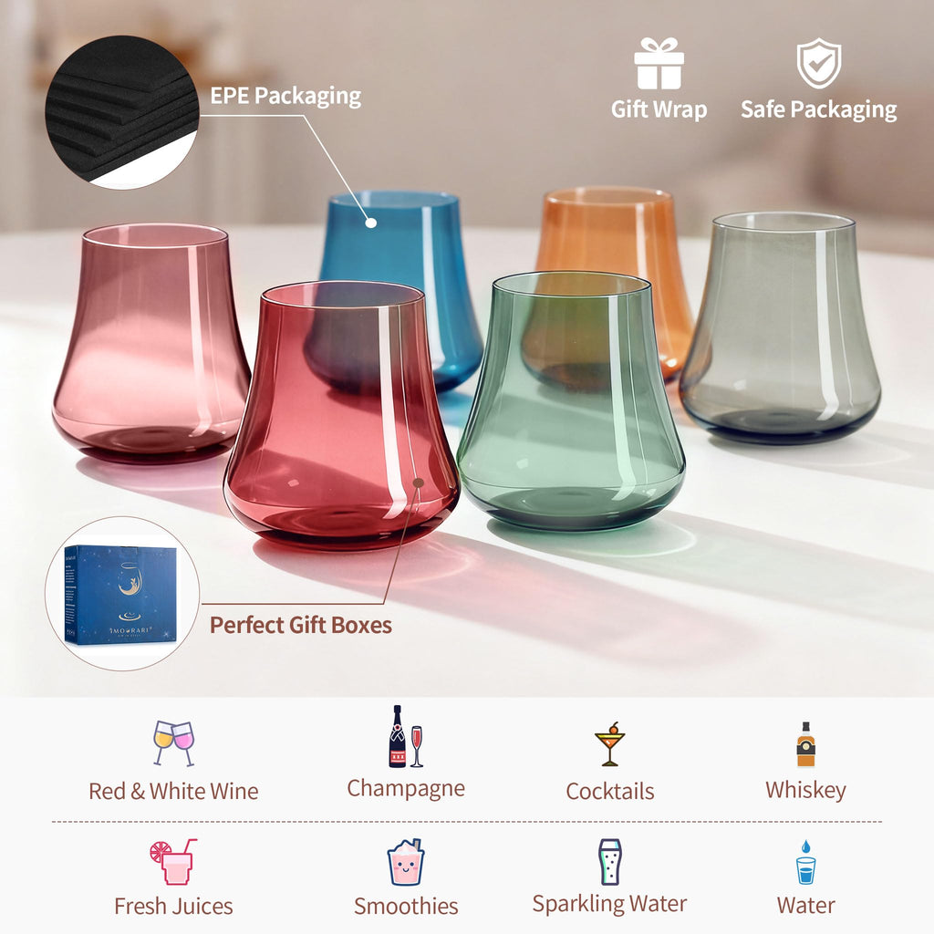 Stemmed Colored Wine Glasses: Set of 6 Cute 13.5oz Hand Blown Crystal Wine Glass with Long Stem for Birthday Party Fall Christmas Dinner Wedding Registry Gifts