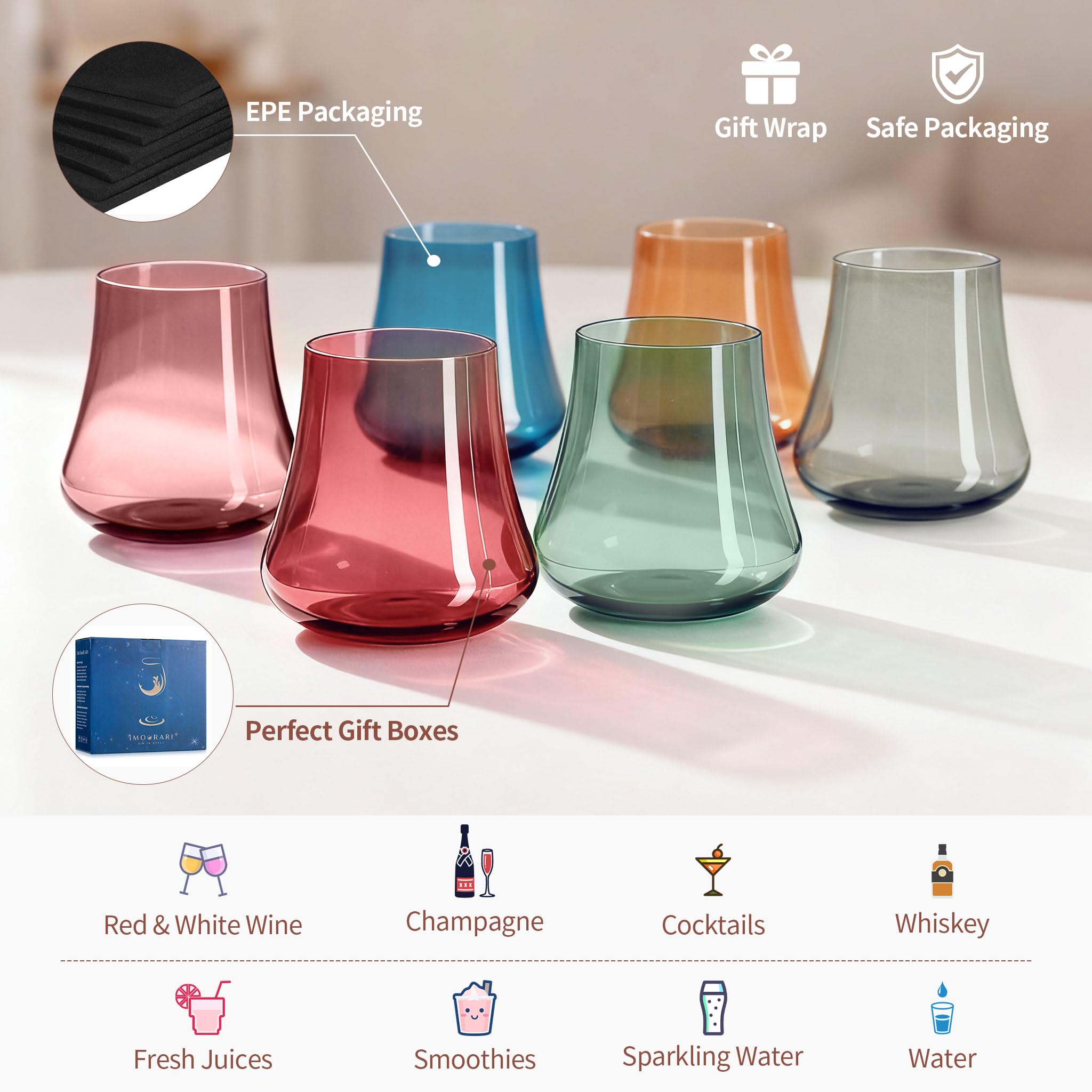 Stemmed Colored Wine Glasses: Set of 6 Cute 13.5oz Hand Blown Crystal Wine Glass with Long Stem for Birthday Party Fall Christmas Dinner Wedding Registry Gifts