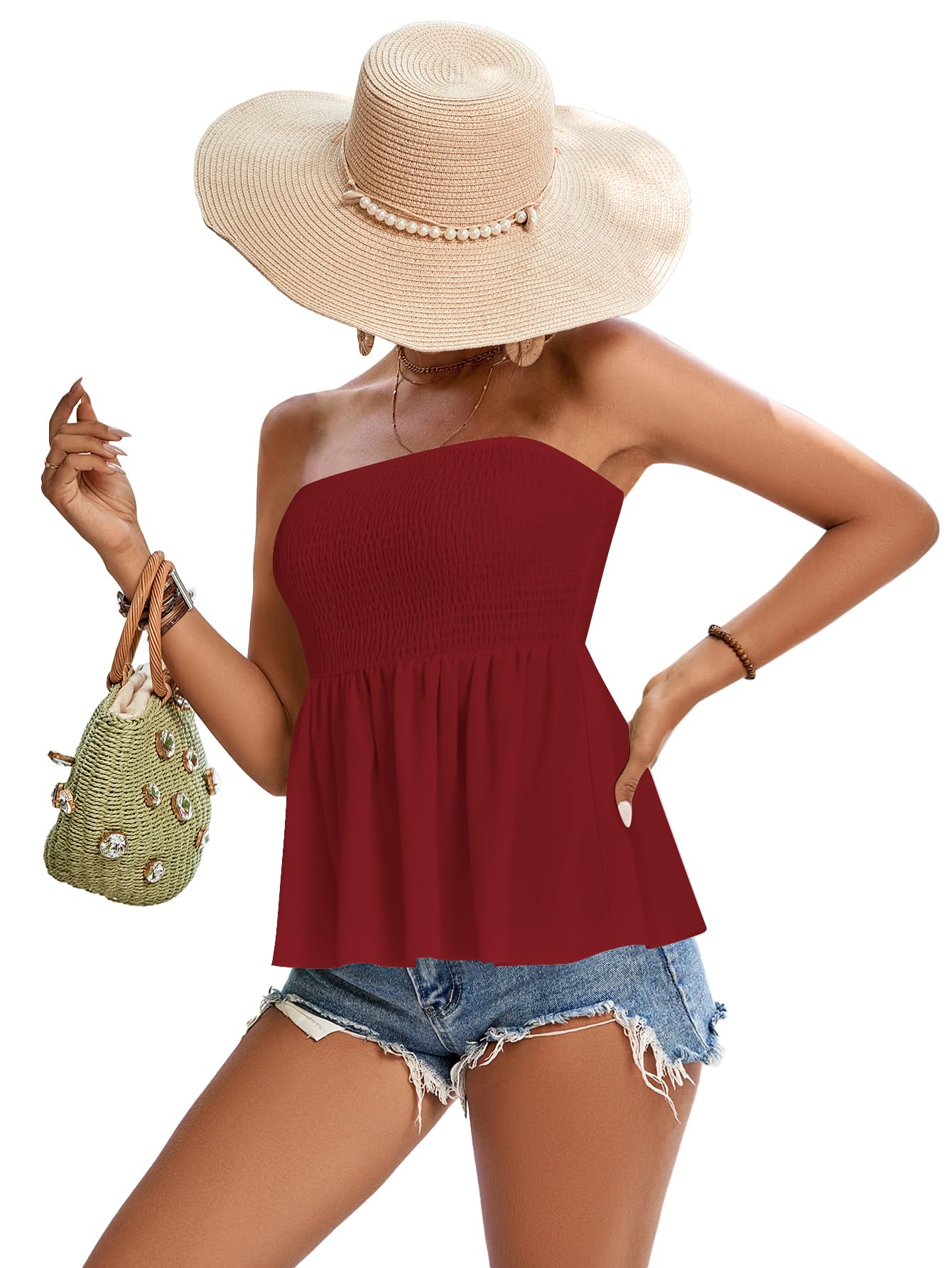 Rooscier Women's Smocked Tube Tops Flowy Ruffle Sleeveless Peplum Bandeau Babydoll Cami Tank