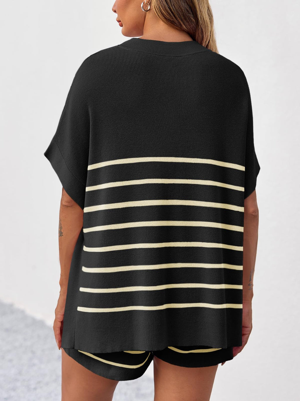 Fisoew Women's Striped 2 Piece Outfits Oversized Batwing Short Sleeve Tops High Waisted Shorts Summer Knit Lounge Short Sets