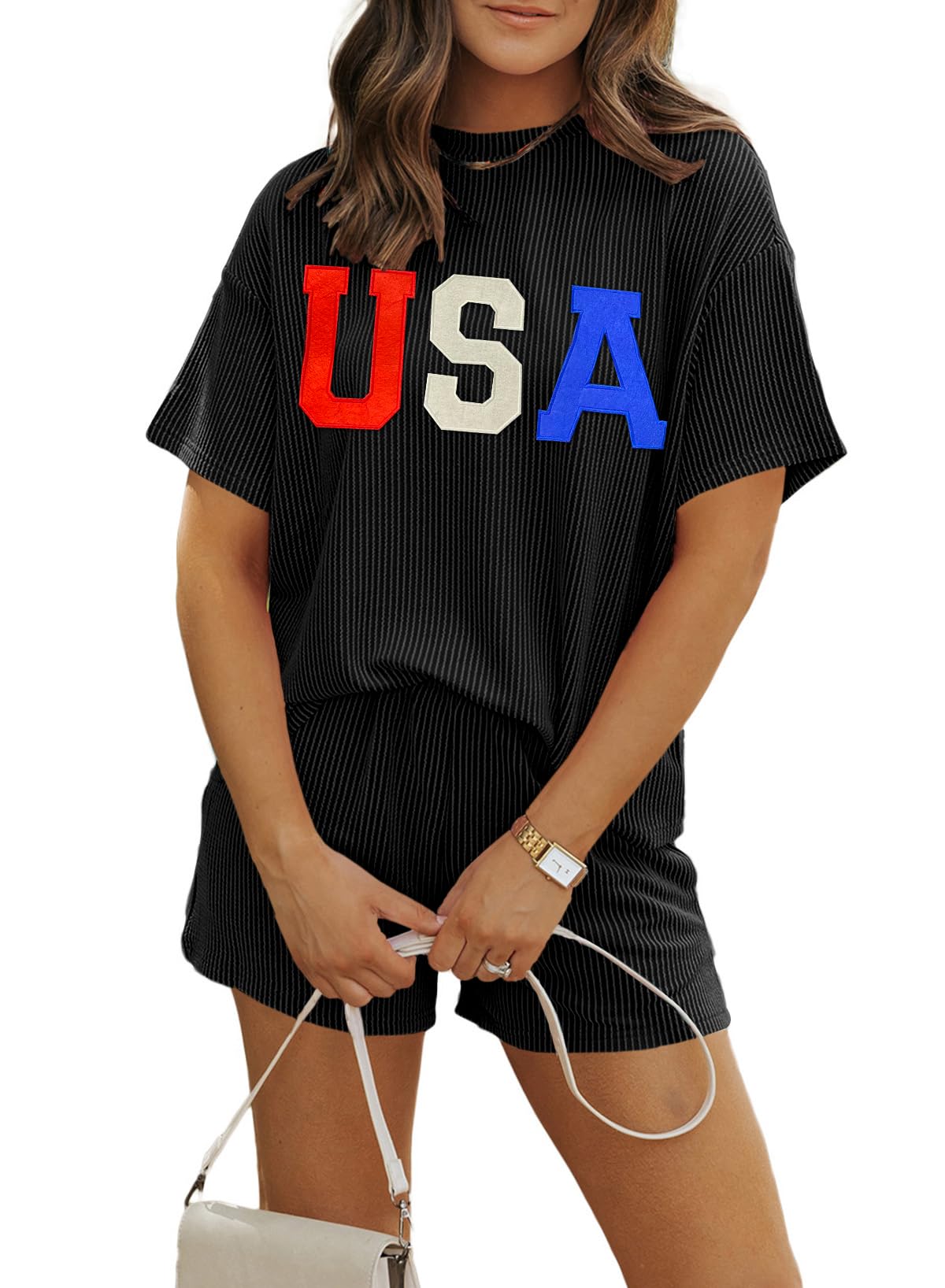 MARZXIN Women 2 Piece Shorts Set 2026 Casual Summer Cruise Outfits Ribbed Loose Short Sleeve Pocket Matching Lounge Sets