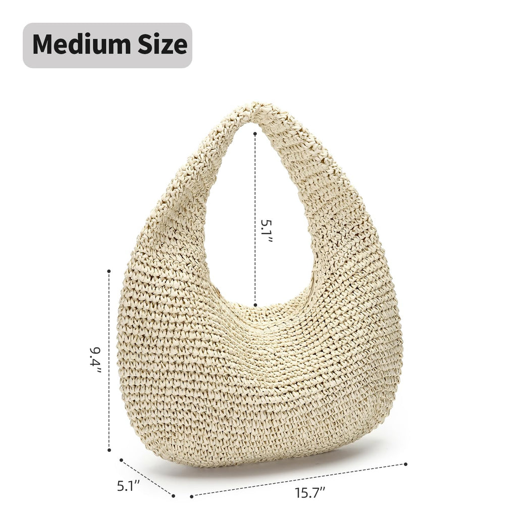 Herald Handmade Crescent Straw Bag for Women, Summer Beach Hobo Raffia Woven Underarm Shoulder Handbag Purse Tote
