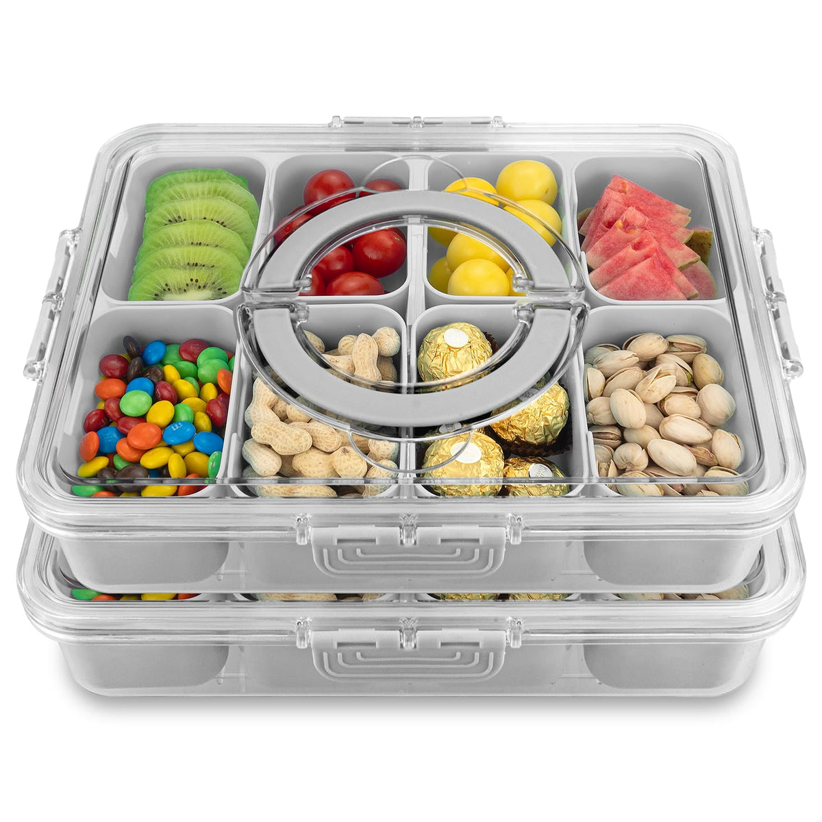 HRXFOZ Divided Serving Tray with Lid and Handle,8 Compartments Snacks Box,Snack Fruit and Veggie Tray,Portable Platter for Candy Fruits Nuts Snack Party Entertaining Picnic (1 PCS)