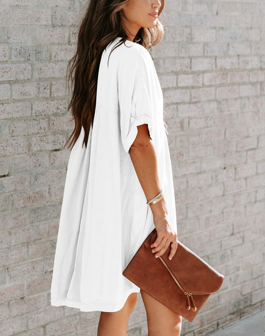 Minclouse Women's Babydoll Short Sleeve Tunic Dress V Neck Cute Casual Loose Dresses