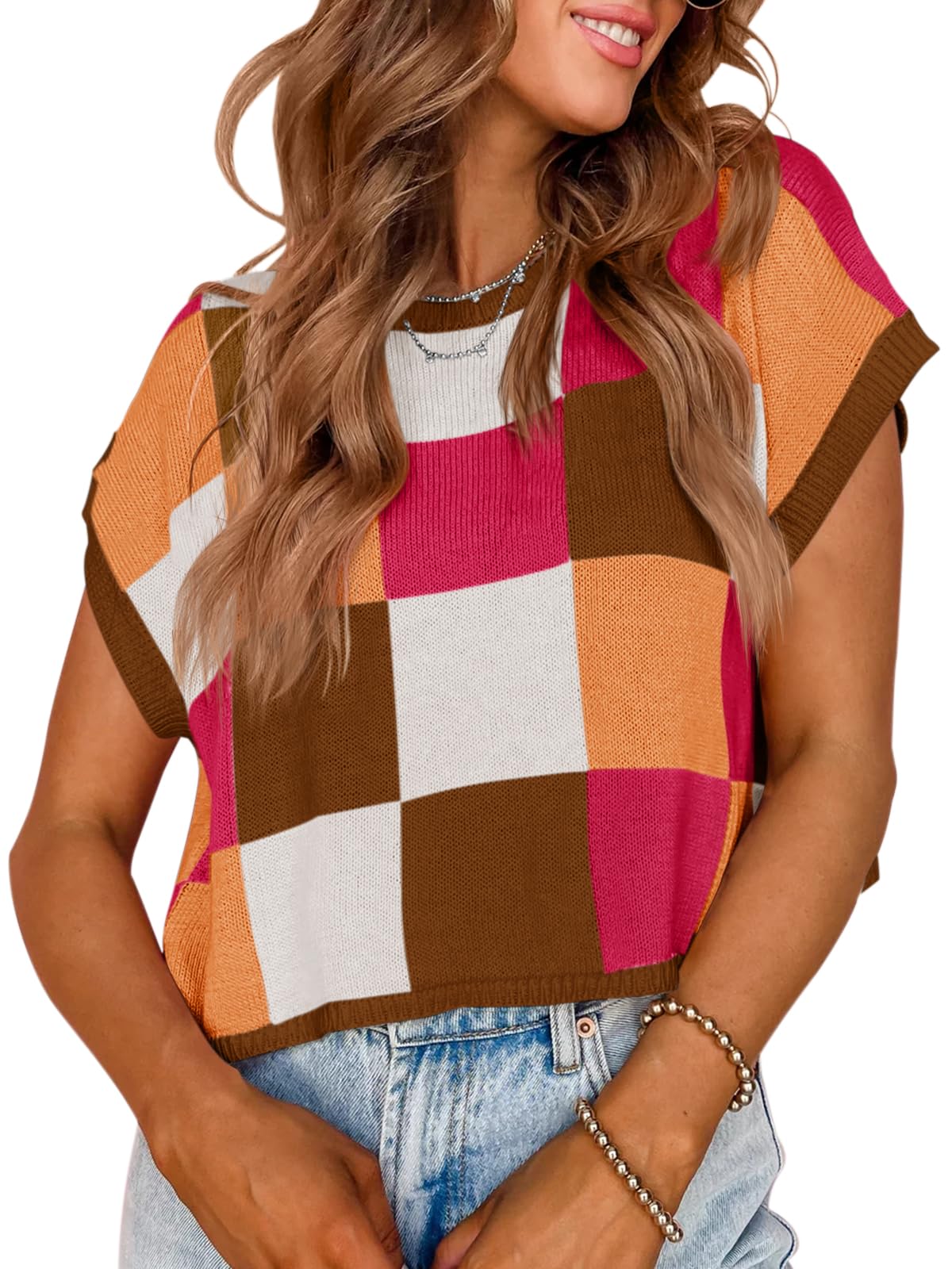 Saodimallsu Womens Cap Sleeve Crop Tops Summer Color Block Going Out Crew Neck Knit Trendy Casual Sweater