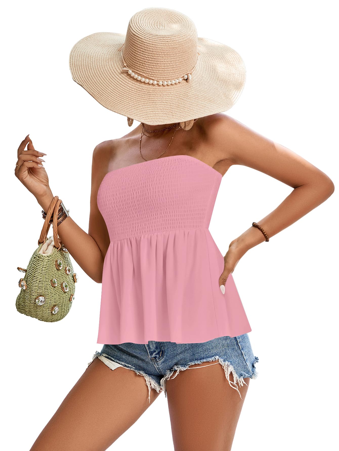 Rooscier Women's Smocked Tube Tops Flowy Ruffle Sleeveless Peplum Bandeau Babydoll Cami Tank
