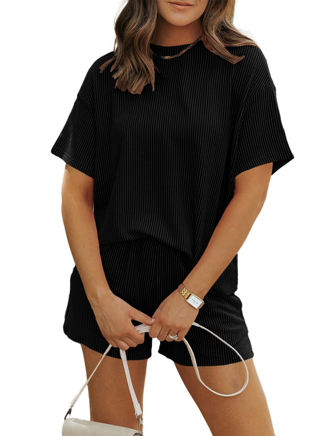 MARZXIN Women 2 Piece Shorts Set 2026 Casual Summer Cruise Outfits Ribbed Loose Short Sleeve Pocket Matching Lounge Sets