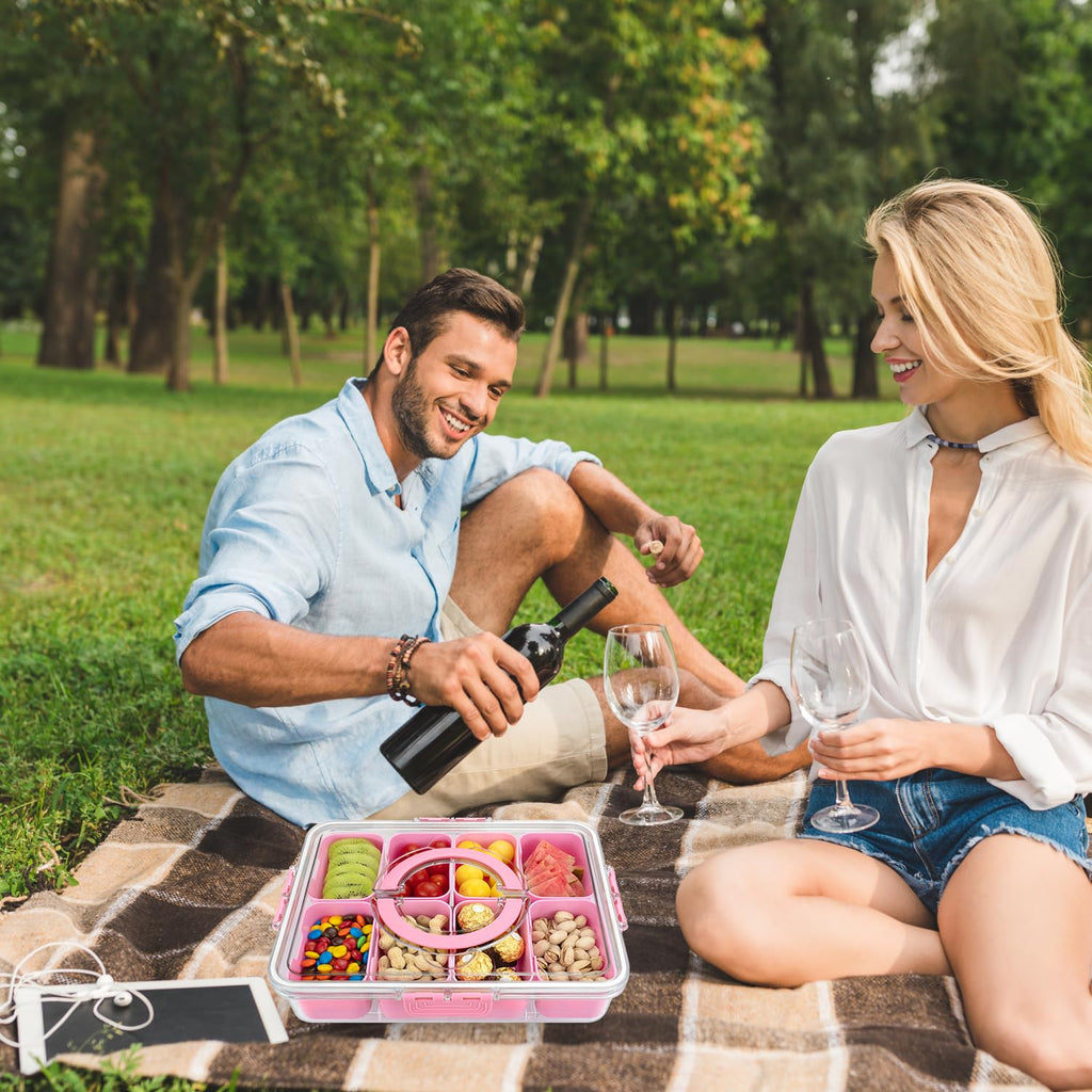 HRXFOZ Divided Serving Tray with Lid and Handle,8 Compartments Snacks Box,Snack Fruit and Veggie Tray,Portable Platter for Candy Fruits Nuts Snack Party Entertaining Picnic (1 PCS)