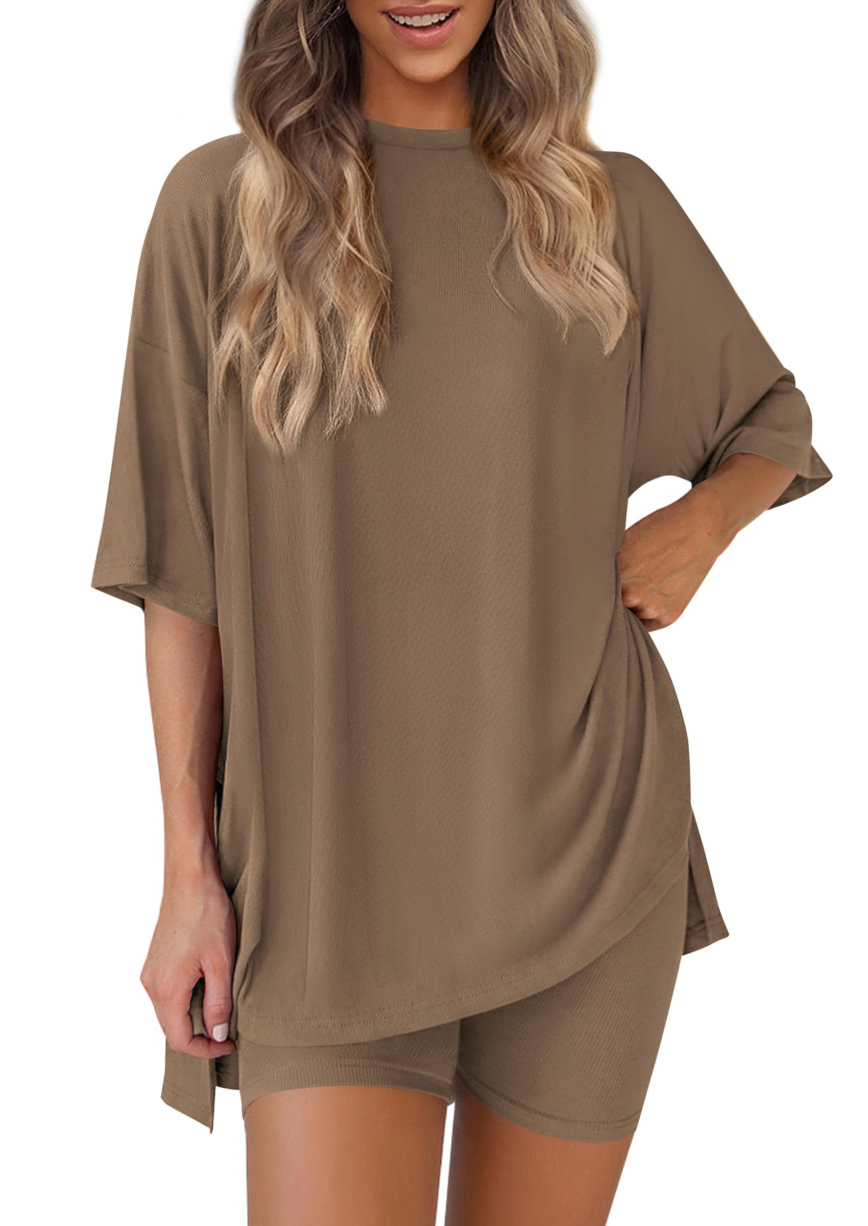 PRETTYGARDEN Women 2 Piece Lounge Set 2026 Summer Casual Oversized Shirts Biker Shorts Matching Airport Travel Outfit Clothes