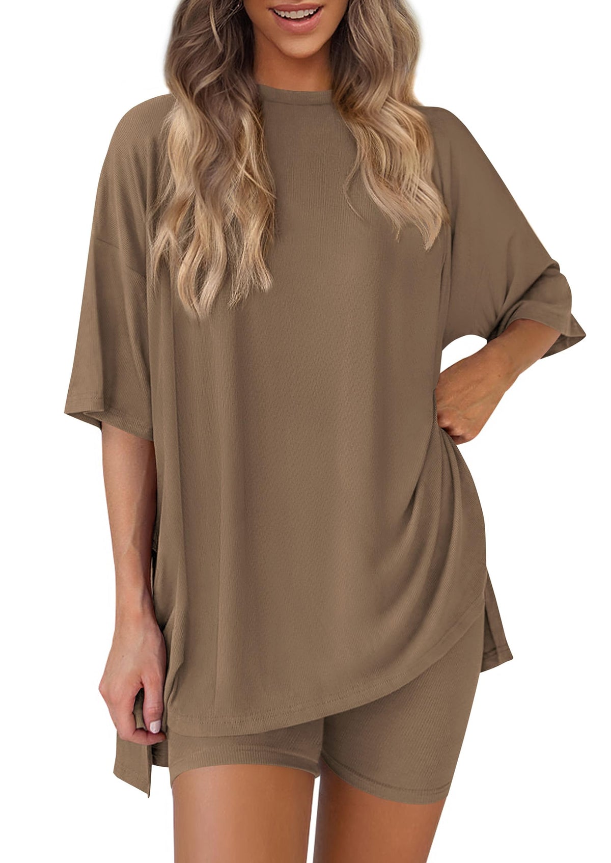 PRETTYGARDEN Women 2 Piece Lounge Set 2026 Summer Casual Oversized Shirts Biker Shorts Matching Airport Travel Outfit Clothes