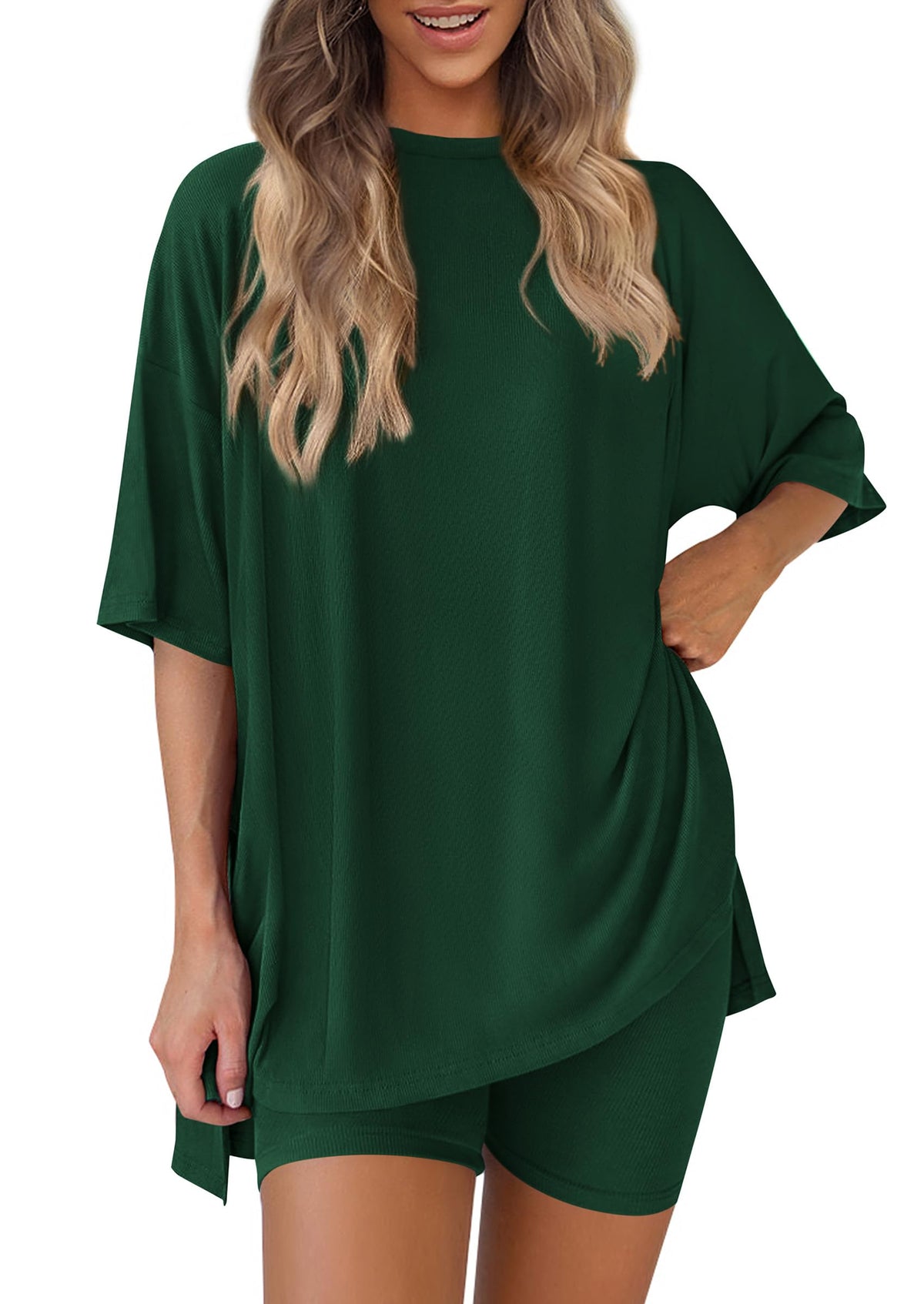 PRETTYGARDEN Women 2 Piece Lounge Set 2026 Summer Casual Oversized Shirts Biker Shorts Matching Airport Travel Outfit Clothes