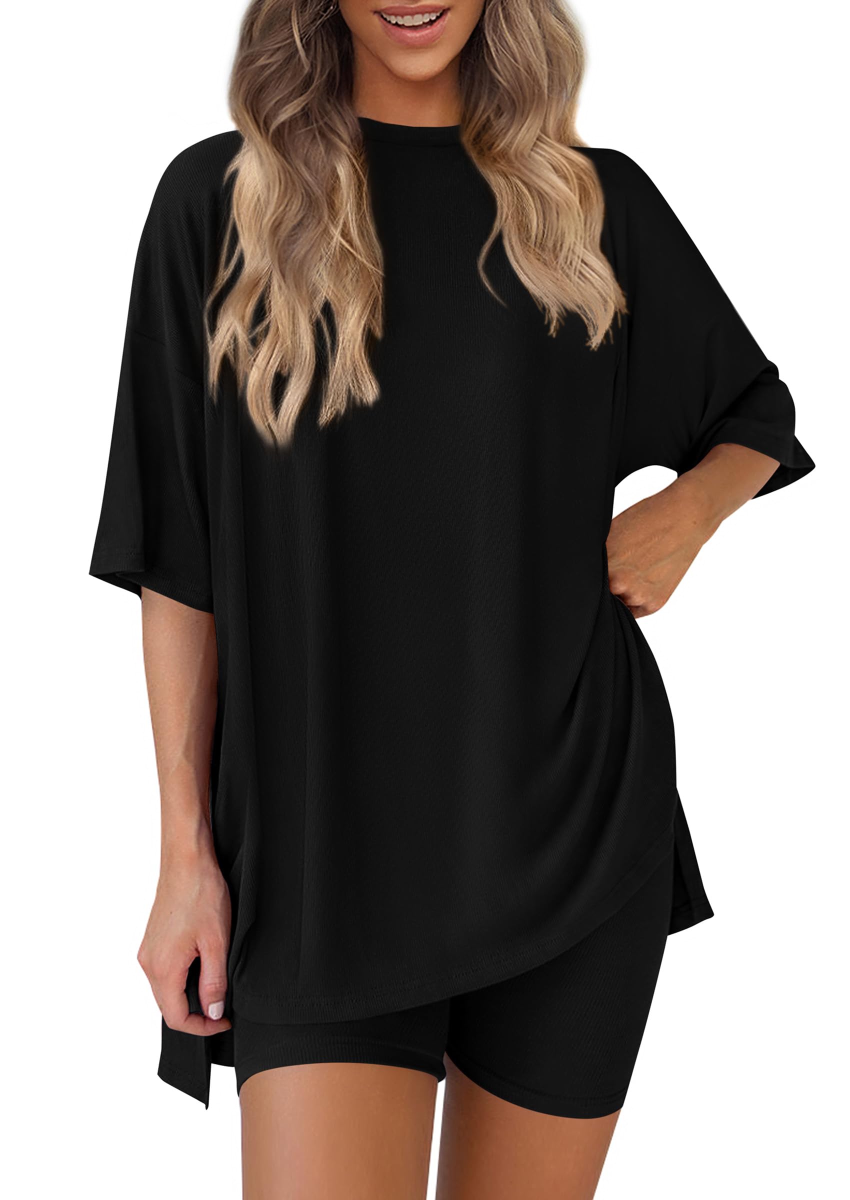 PRETTYGARDEN Women 2 Piece Lounge Set 2026 Summer Casual Oversized Shirts Biker Shorts Matching Airport Travel Outfit Clothes