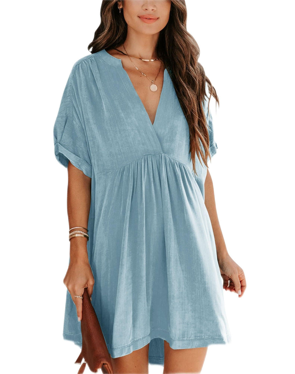 Minclouse Women's Babydoll Short Sleeve Tunic Dress V Neck Cute Casual Loose Dresses