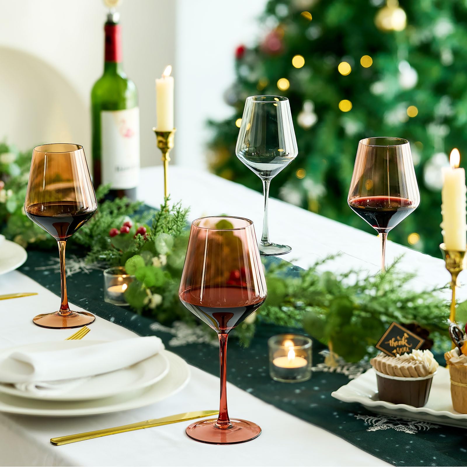 Stemmed Colored Wine Glasses: Set of 6 Cute 13.5oz Hand Blown Crystal Wine Glass with Long Stem for Birthday Party Fall Christmas Dinner Wedding Registry Gifts
