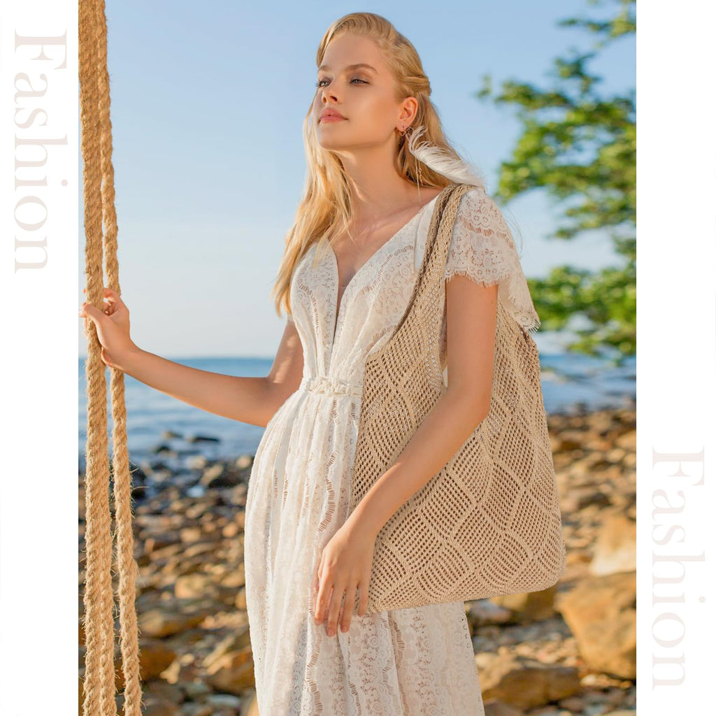 Sightor Crochet Tote Bag, Mesh Beach Bag Knit Summer Hobo Bag Vacation Boho Tote Bag for Women