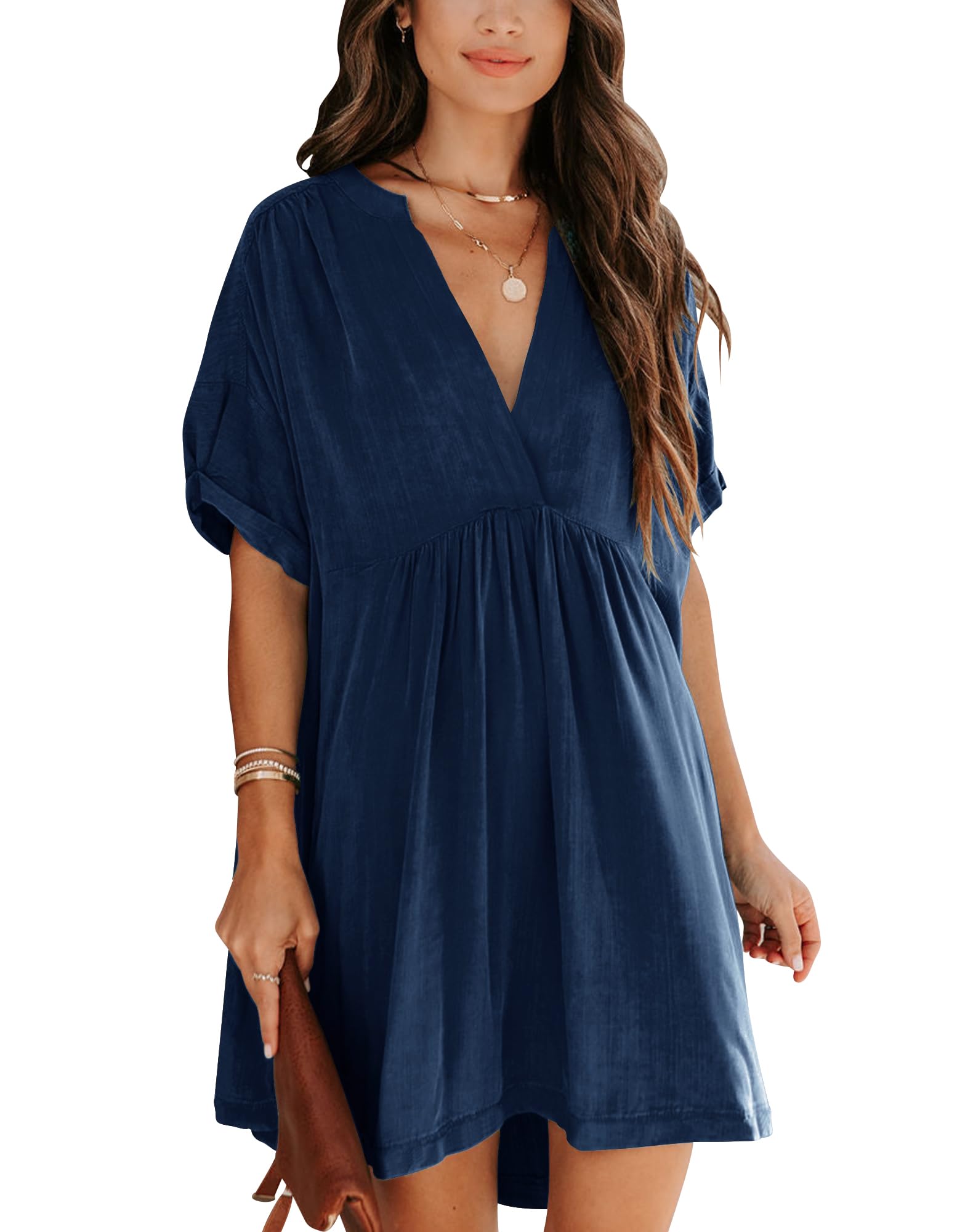Minclouse Women's Babydoll Short Sleeve Tunic Dress V Neck Cute Casual Loose Dresses