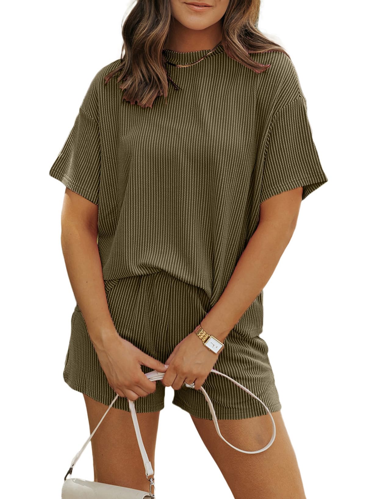 MARZXIN Women 2 Piece Shorts Set 2026 Casual Summer Cruise Outfits Ribbed Loose Short Sleeve Pocket Matching Lounge Sets