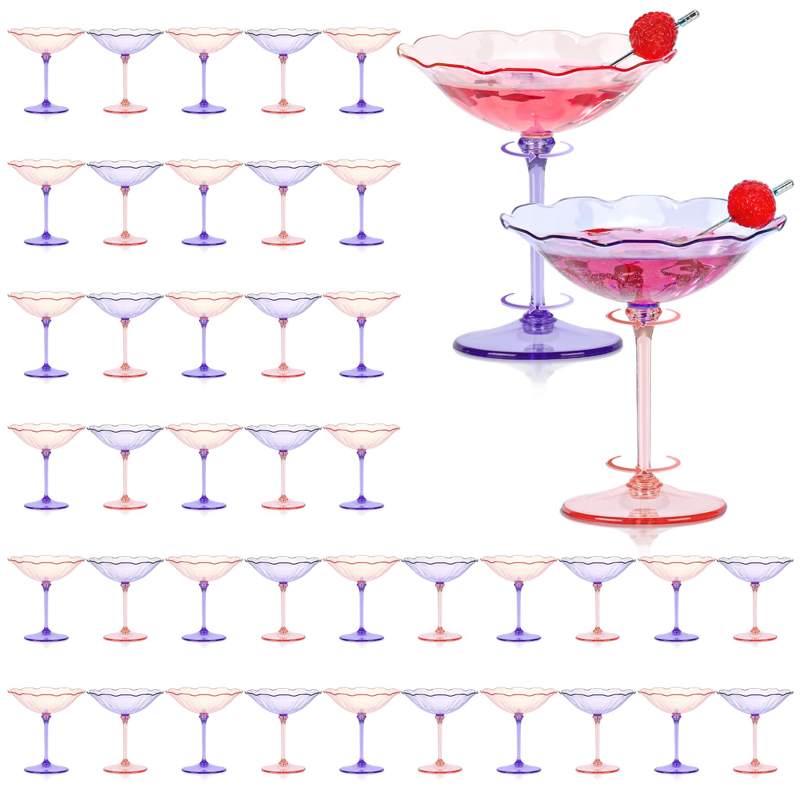 12 Pcs Colorful Plastic Martini Glasses 7oz Flower Cocktail Coupe Glasses 6 Color Disposable Martini Cup Vintage Detachable Dessert Parfait Glassware for Wedding Birthday Bachelorette Party