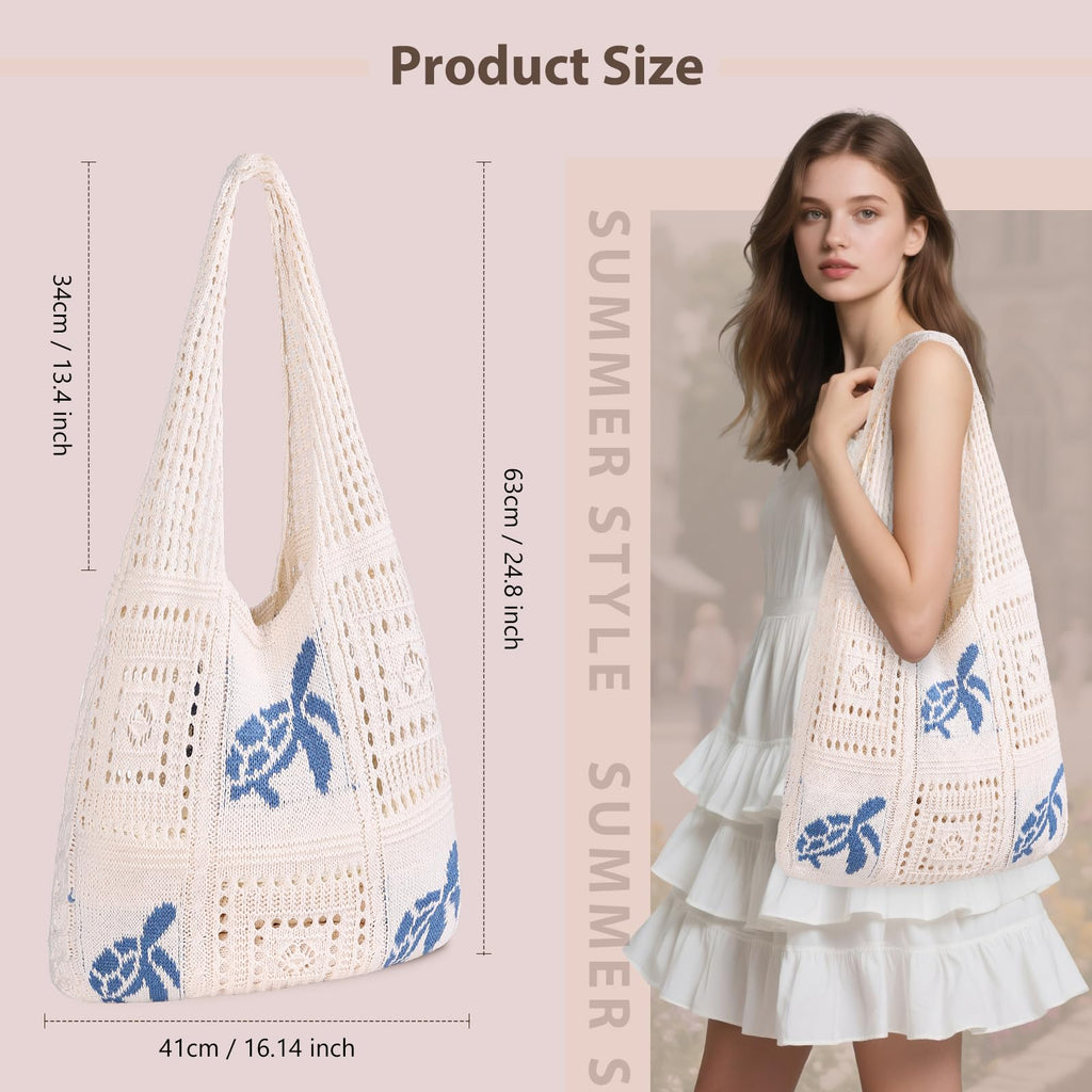 Sightor Crochet Tote Bag, Mesh Beach Bag Knit Summer Hobo Bag Vacation Boho Tote Bag for Women