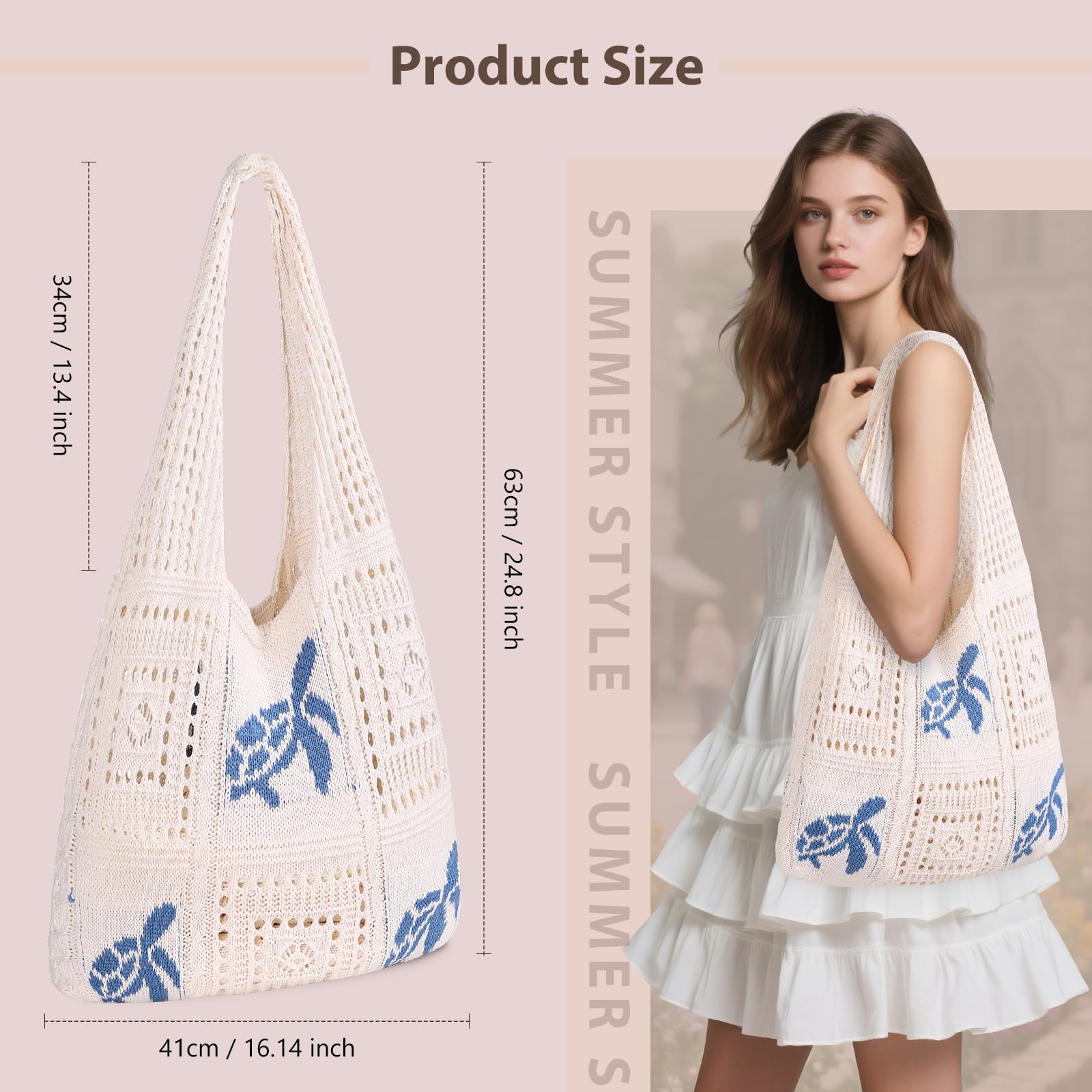 Sightor Crochet Tote Bag, Mesh Beach Bag Knit Summer Hobo Bag Vacation Boho Tote Bag for Women