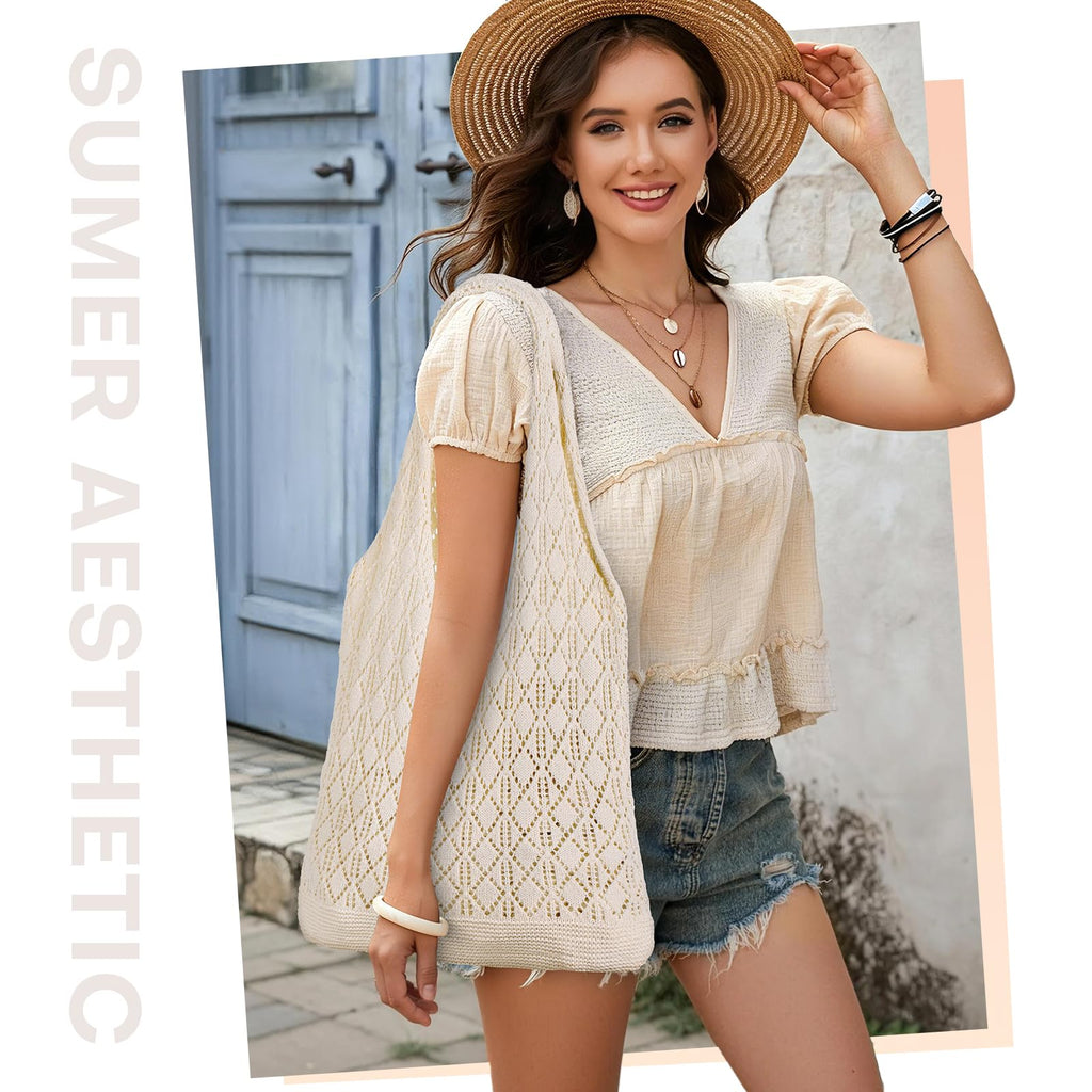 Sightor Crochet Tote Bag, Mesh Beach Bag Knit Summer Hobo Bag Vacation Boho Tote Bag for Women