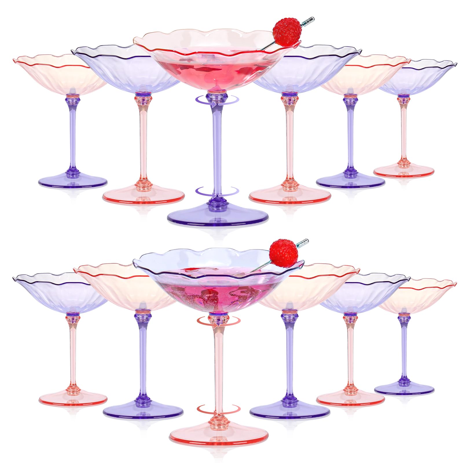 12 Pcs Colorful Plastic Martini Glasses 7oz Flower Cocktail Coupe Glasses 6 Color Disposable Martini Cup Vintage Detachable Dessert Parfait Glassware for Wedding Birthday Bachelorette Party
