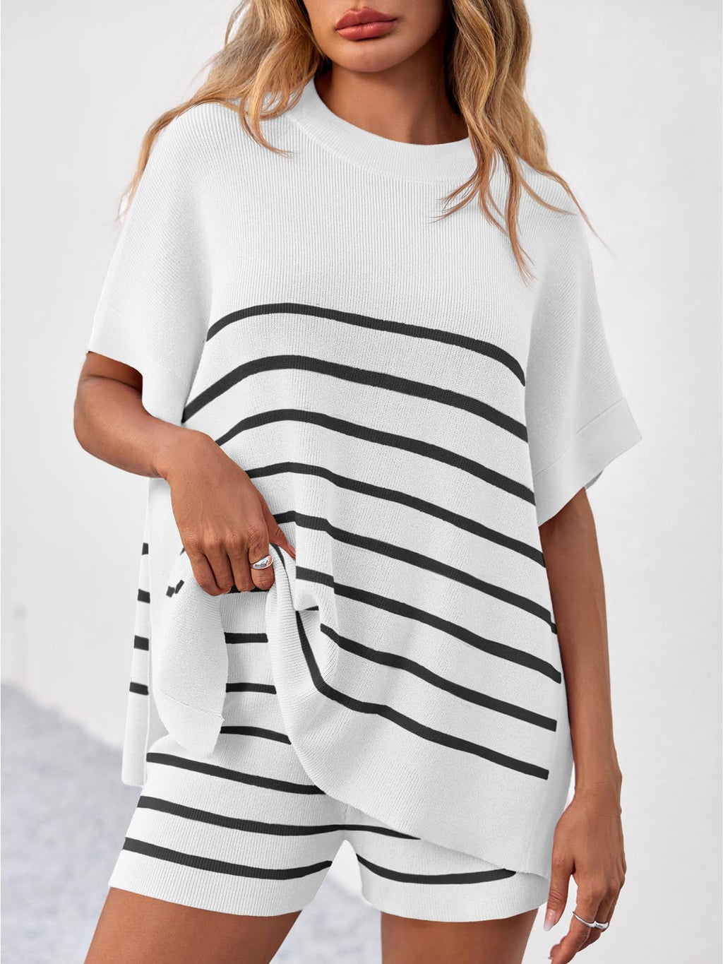 Fisoew Women's Striped 2 Piece Outfits Oversized Batwing Short Sleeve Tops High Waisted Shorts Summer Knit Lounge Short Sets